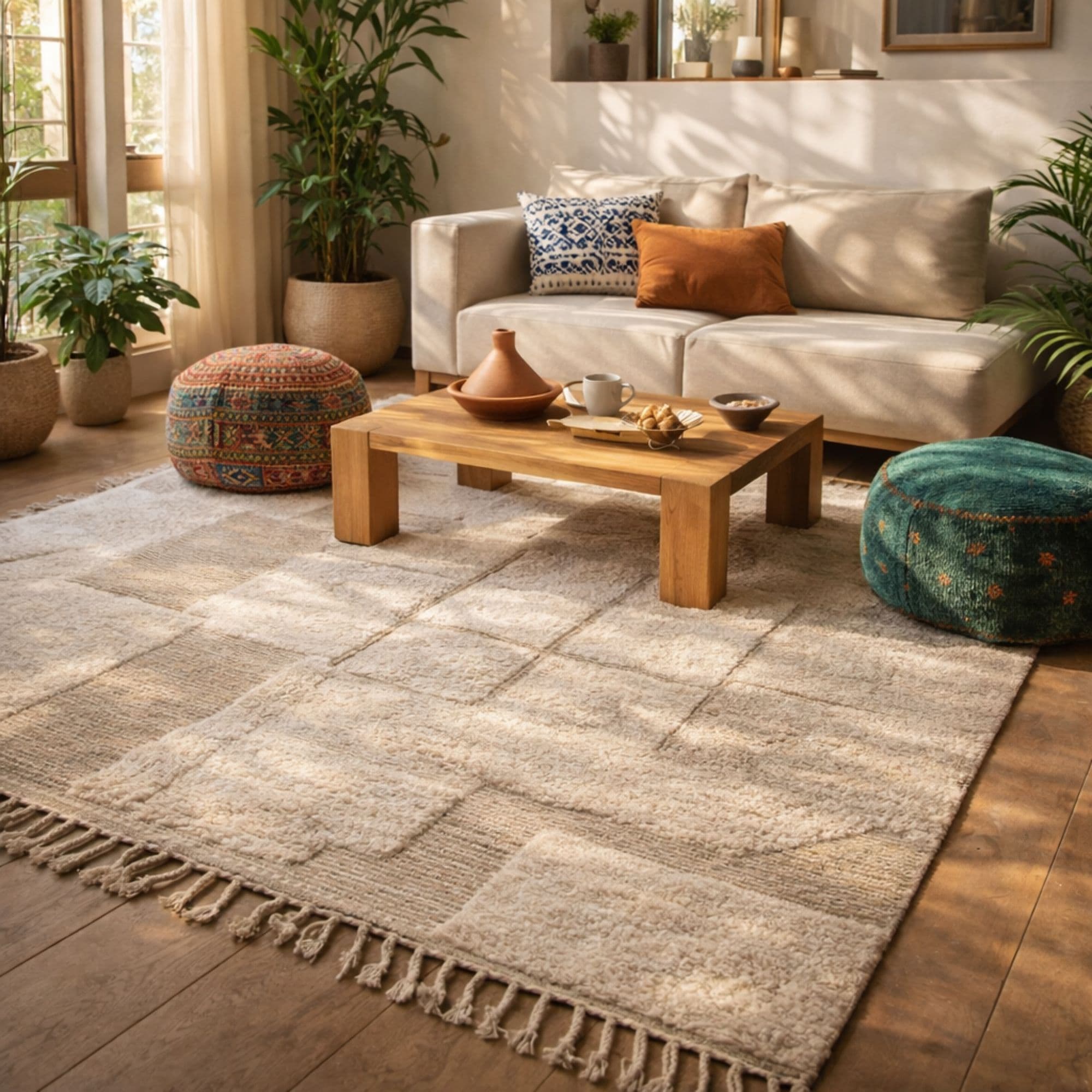 Abstract Moroccan Area Rug - Ivory High-Low Wool Design - Detail view 2