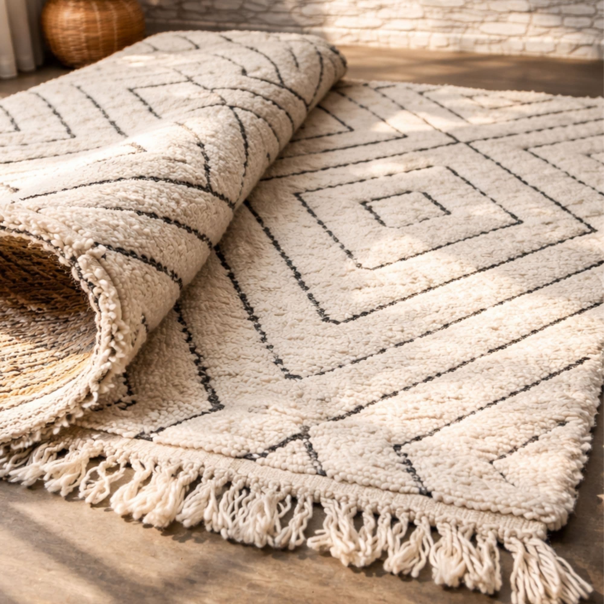 Handmade Moroccan Area Rug - Ivory Diamond Grid - Detail view 3