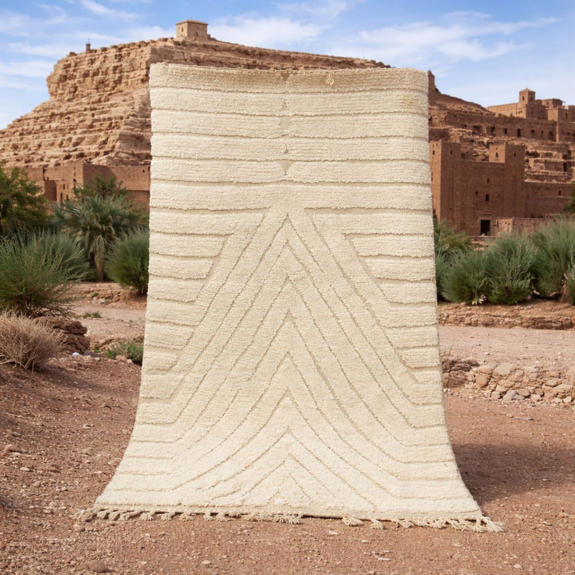 Ivory Moroccan Mrirt Rug - Sculpted Chevron Relief - Detail view 3