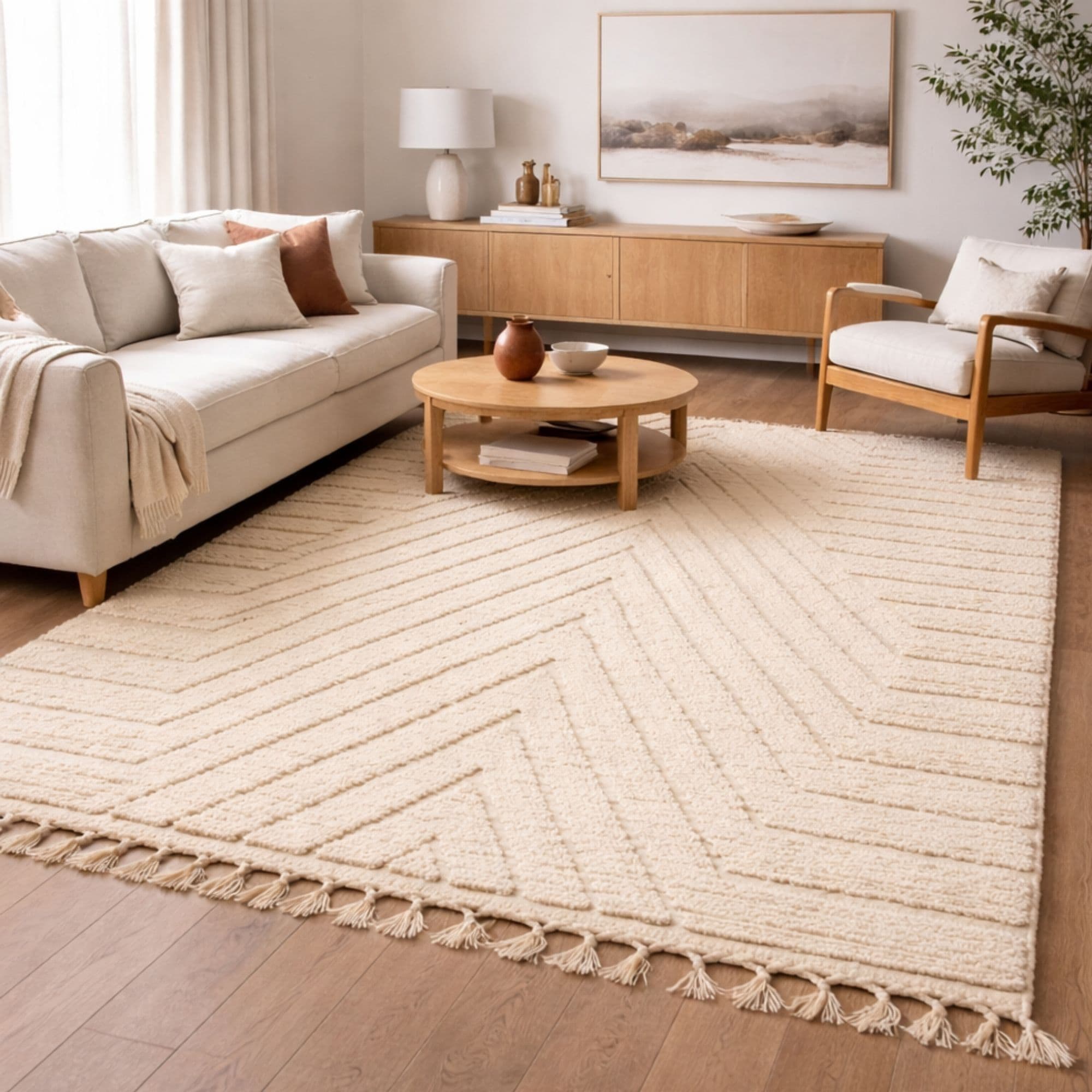 Handwoven Mrirt Rug - Ivory Geometric High-Low Pile - Detail view 1