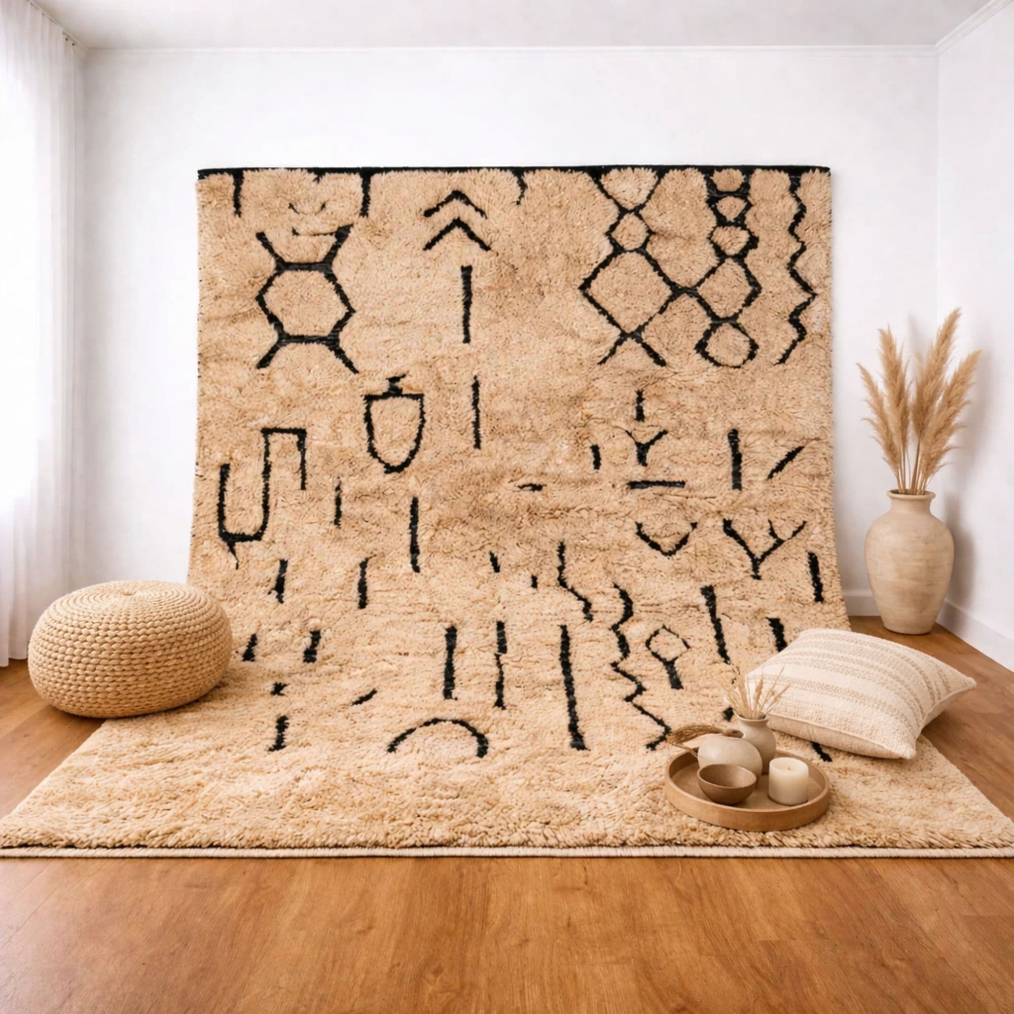 Ivory Azilal Rug - Black Amazigh Motifs - Azilal Moroccan rug by Nomadinas