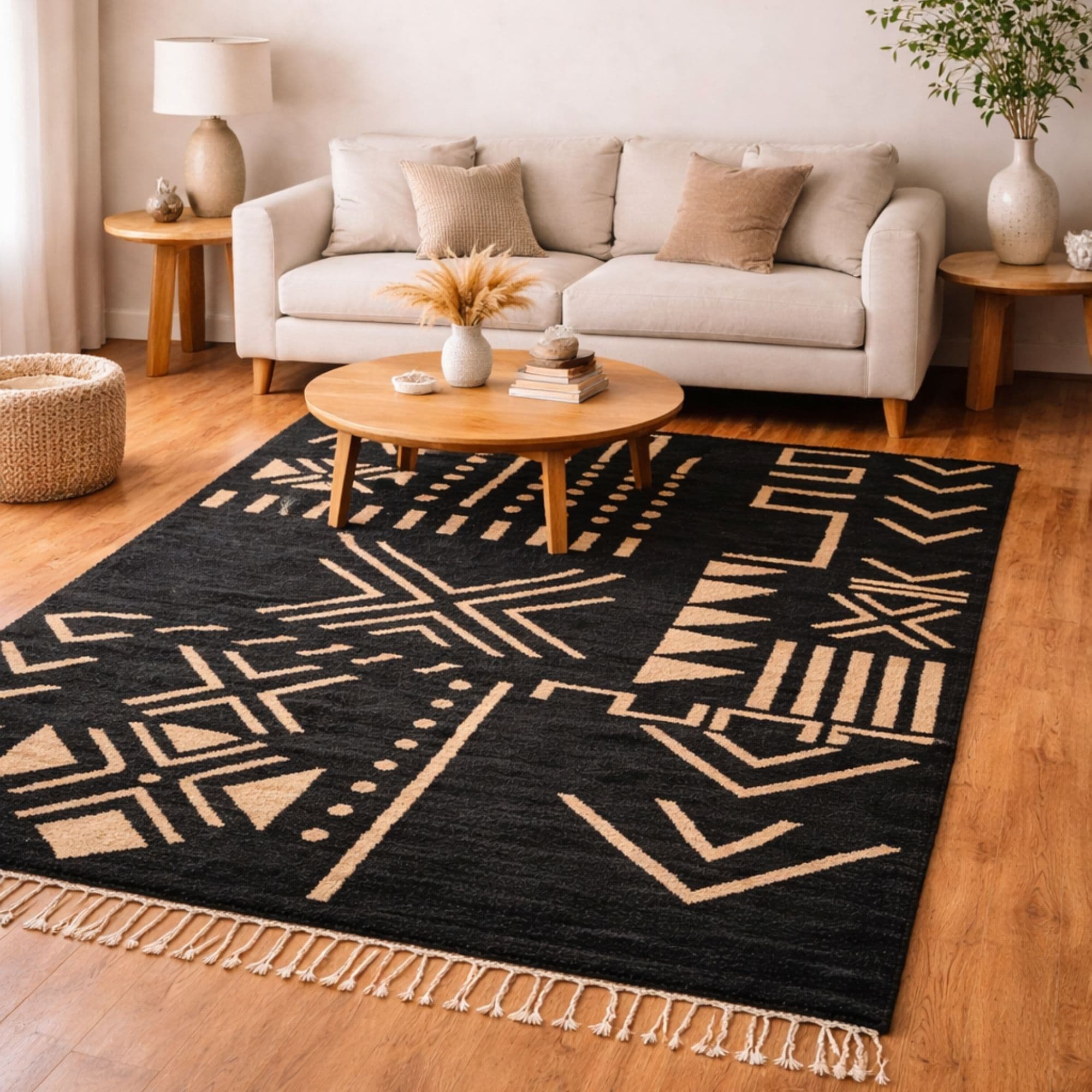 Black Moroccan Azilal Rug - Cream Amazigh Symbols - Detail view 3
