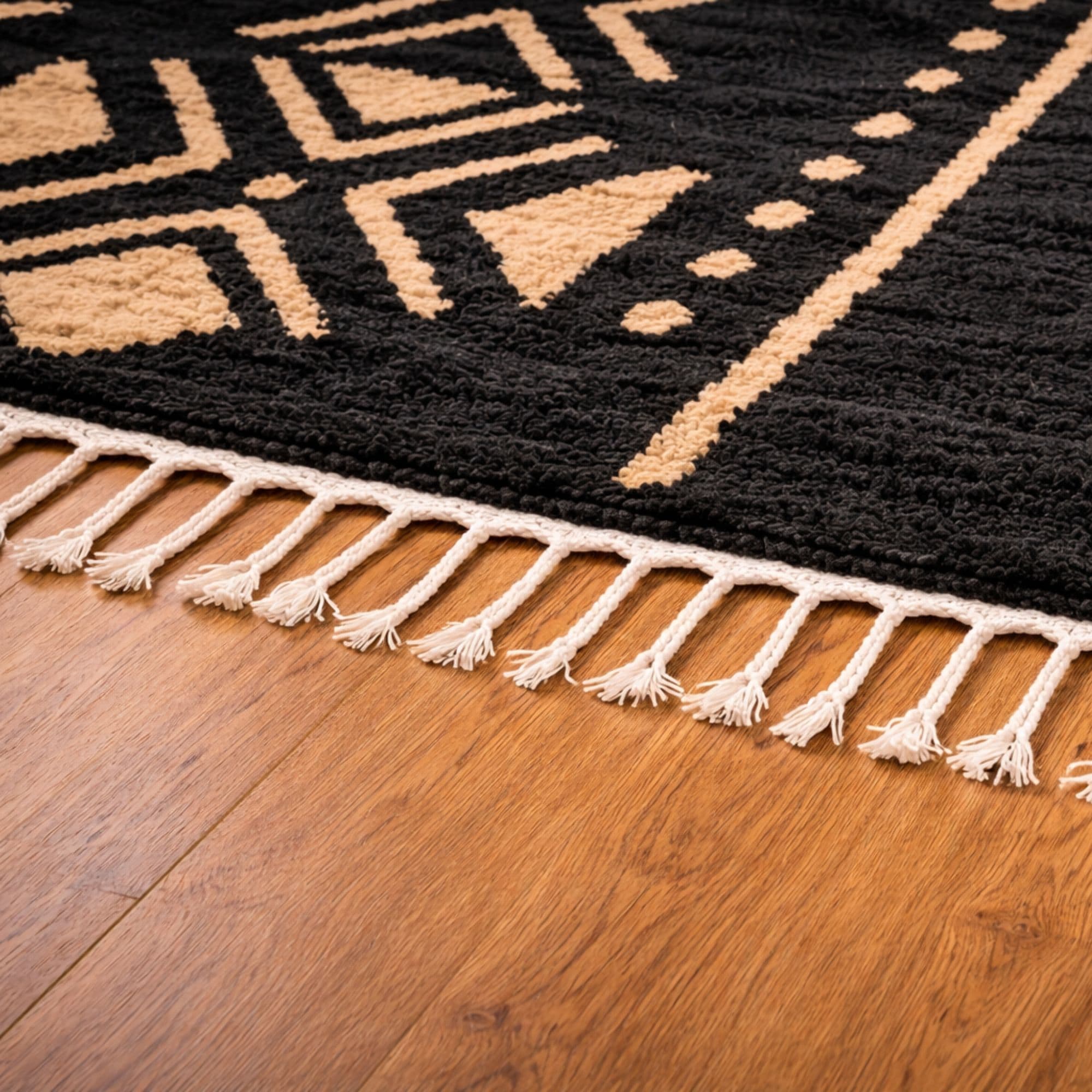 Handwoven Black Wool Rug - Graphic Tribal Motifs - Detail view 2