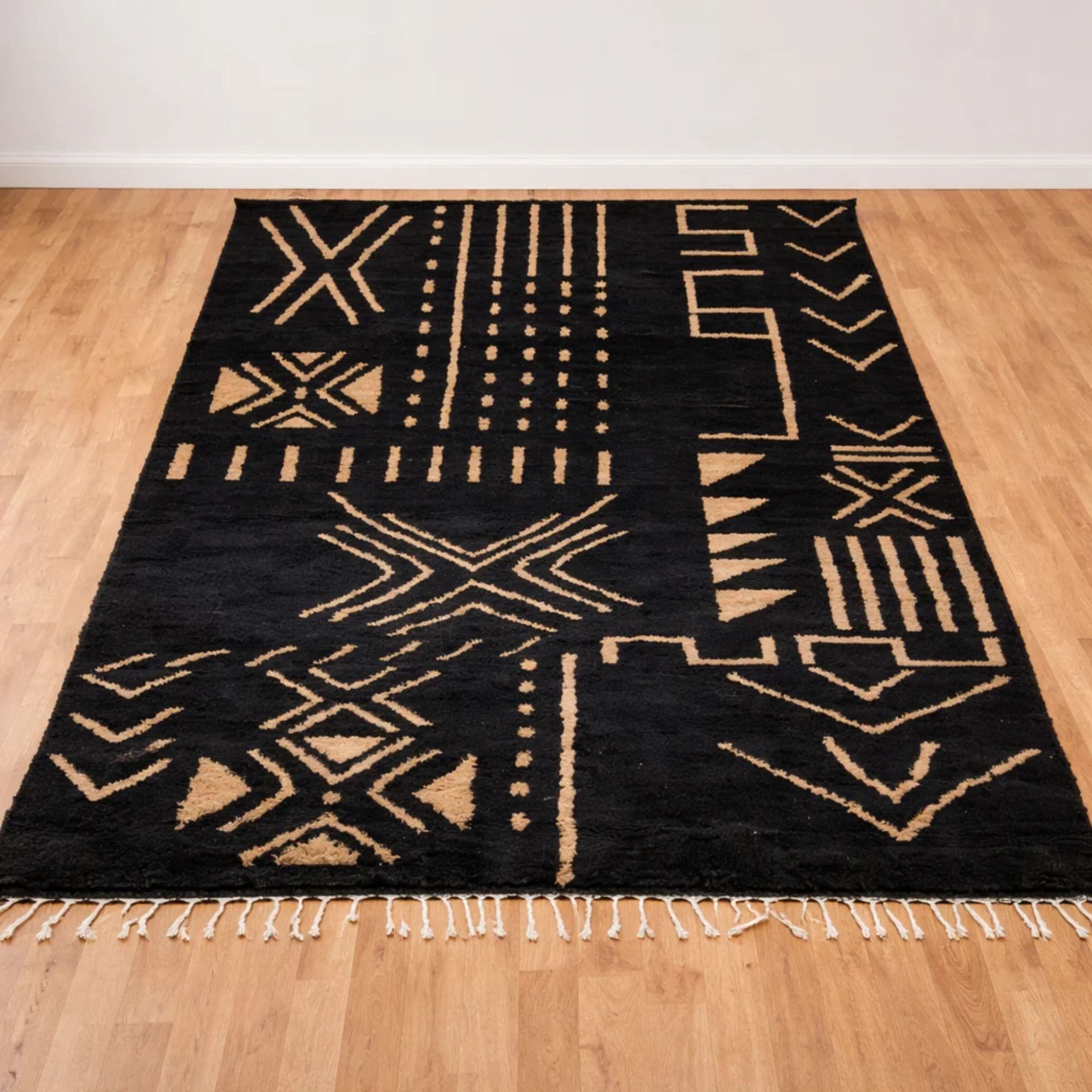 Handwoven Black Wool Rug - Graphic Tribal Motifs - Detail view 3