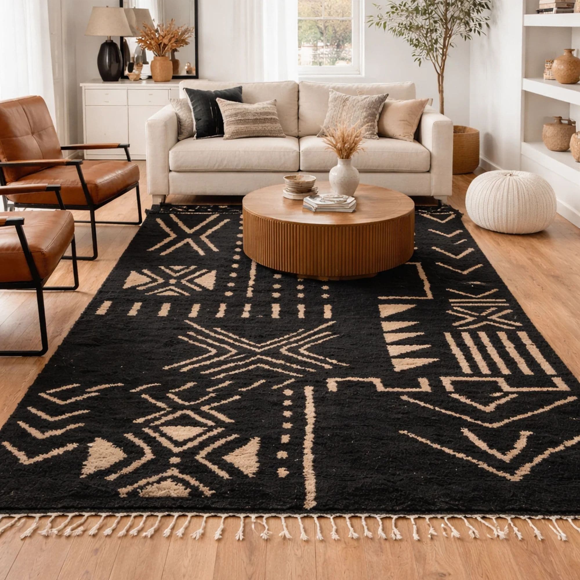 Azilal Wool Rug - Black Field and Symbolic Design - Detail view 3