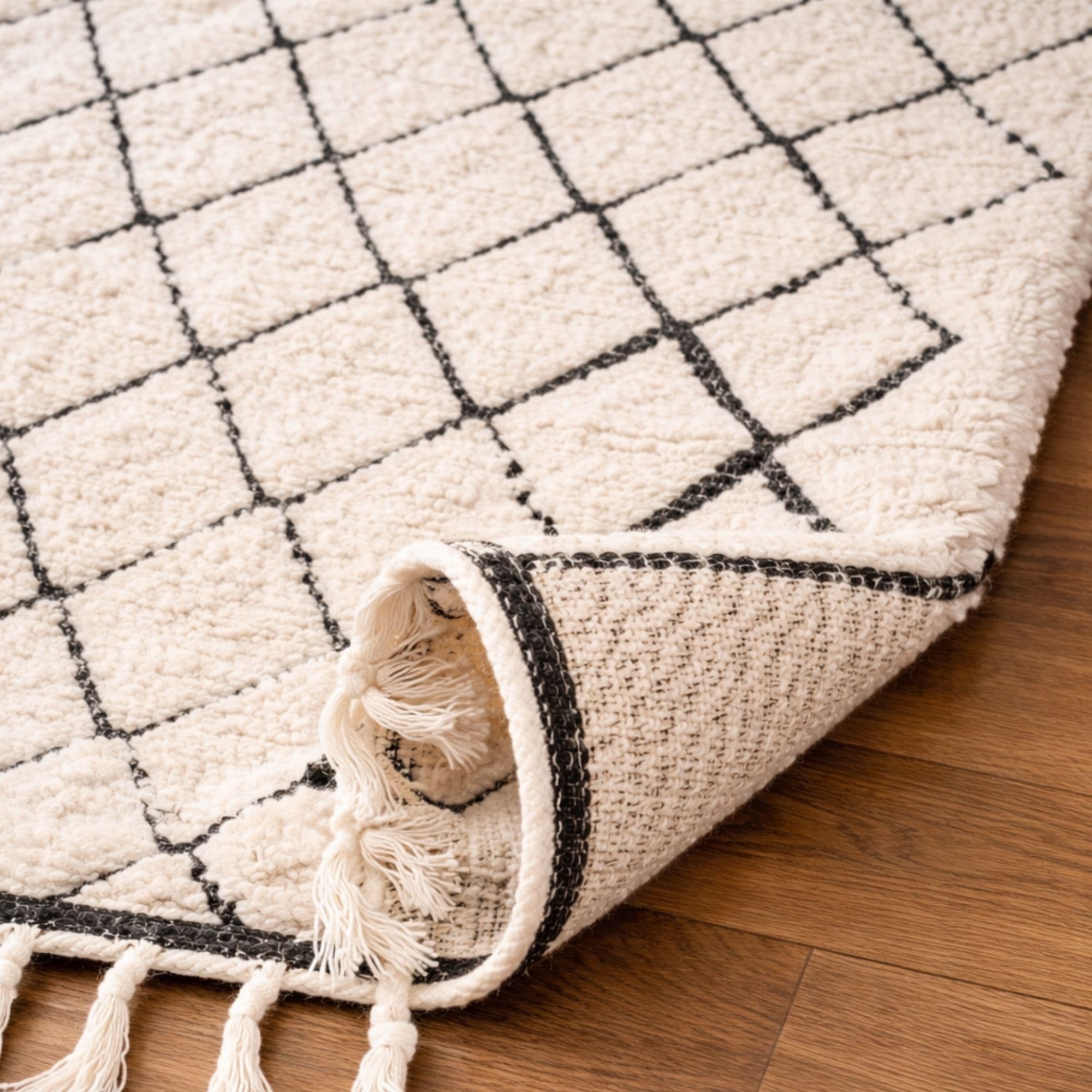 Cream Moroccan Wool Rug - Open Geometric Lattice - Detail view 3