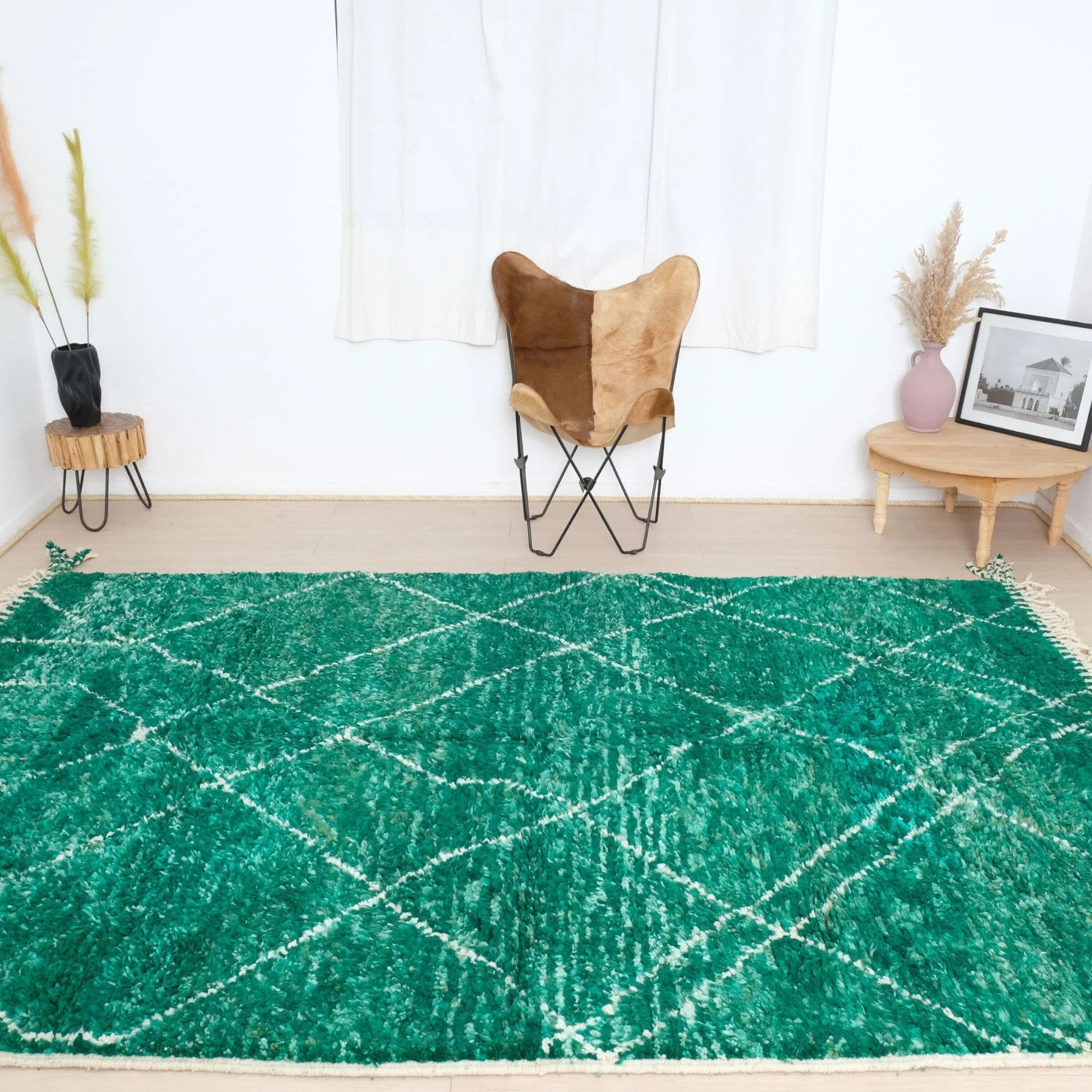 Modern Green Moroccan Area Rug - Plush Ivory Lattice - Detail view 2