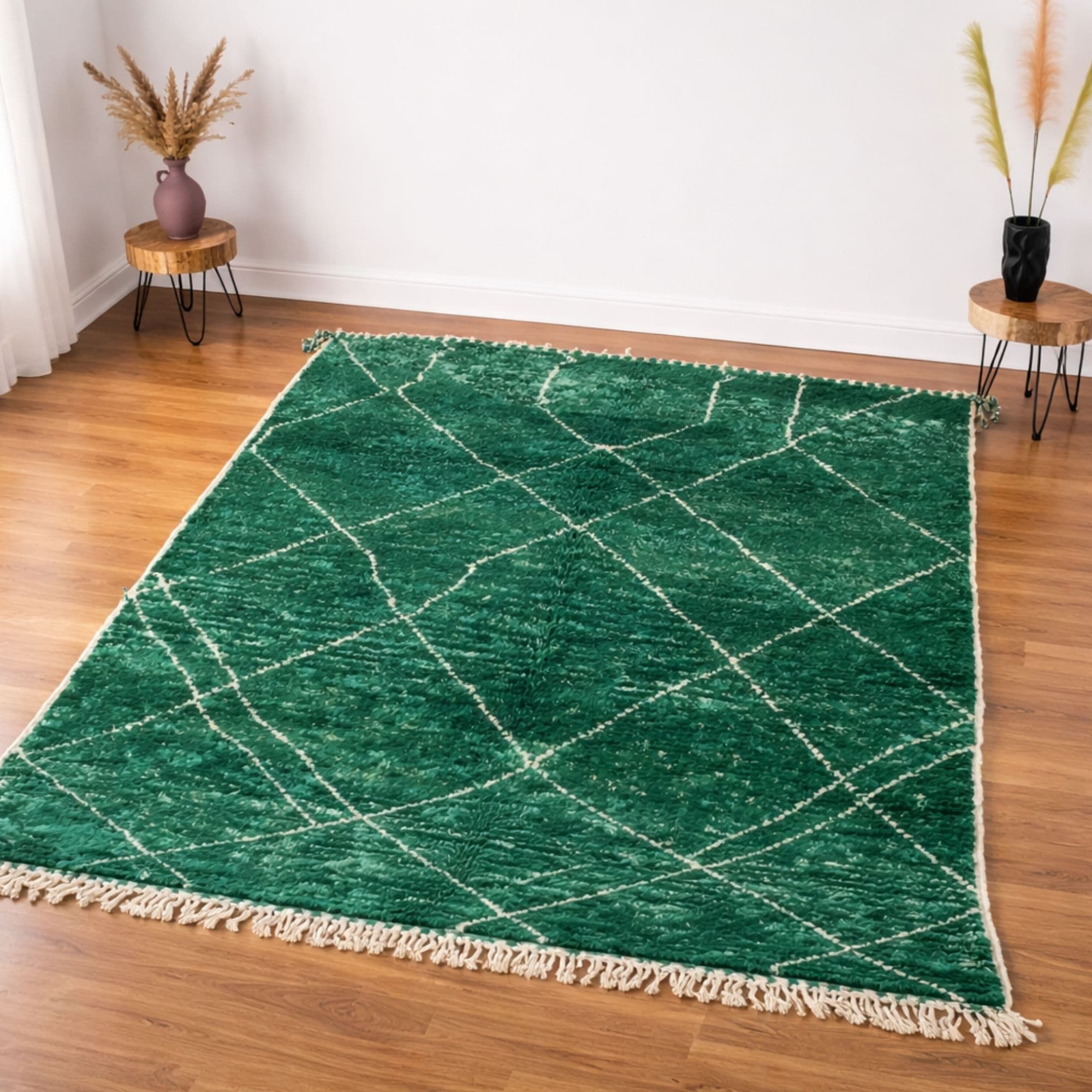 Modern Green Moroccan Area Rug - Plush Ivory Lattice - Detail view 3