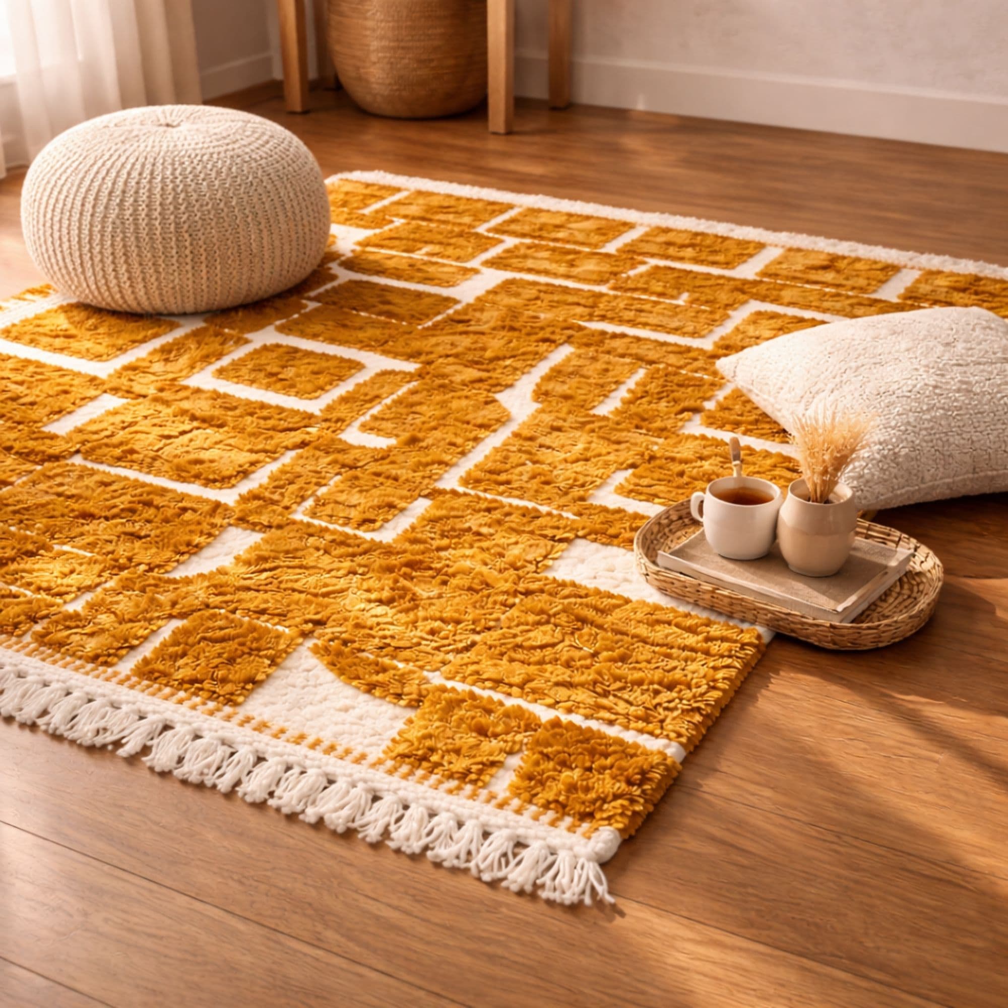Mustard Moroccan Mrirt Rug - Geometric Wool Design - Detail view 1