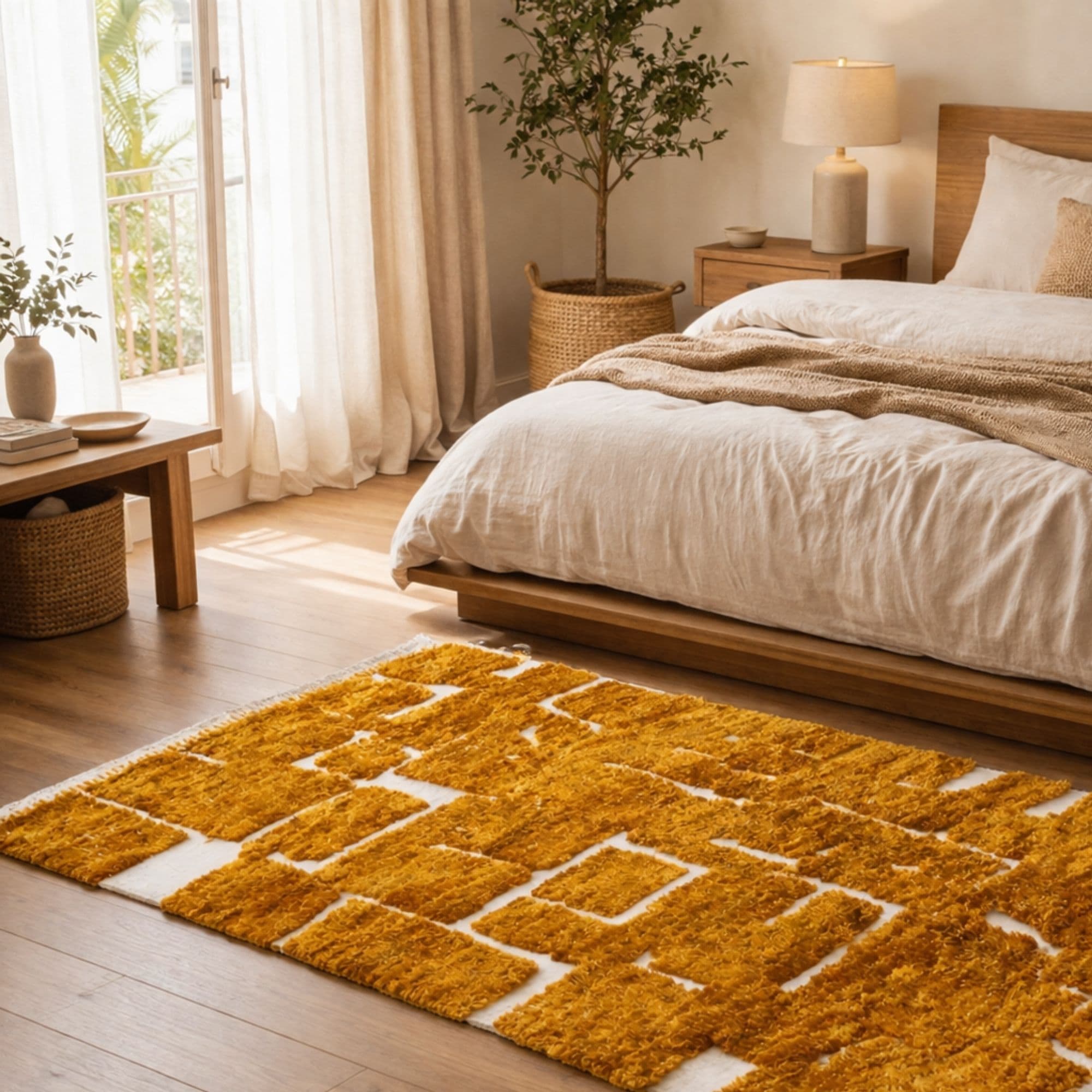 Mustard Moroccan Mrirt Rug - Geometric Wool Design - Detail view 2