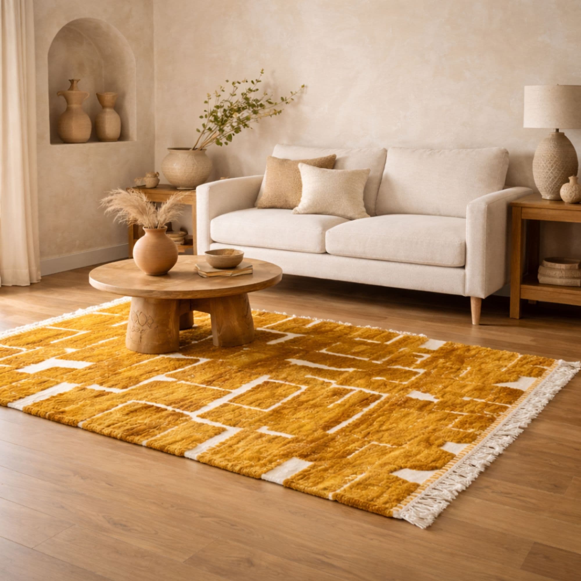 Mustard Moroccan Mrirt Rug - Geometric Wool Design - Detail view 3