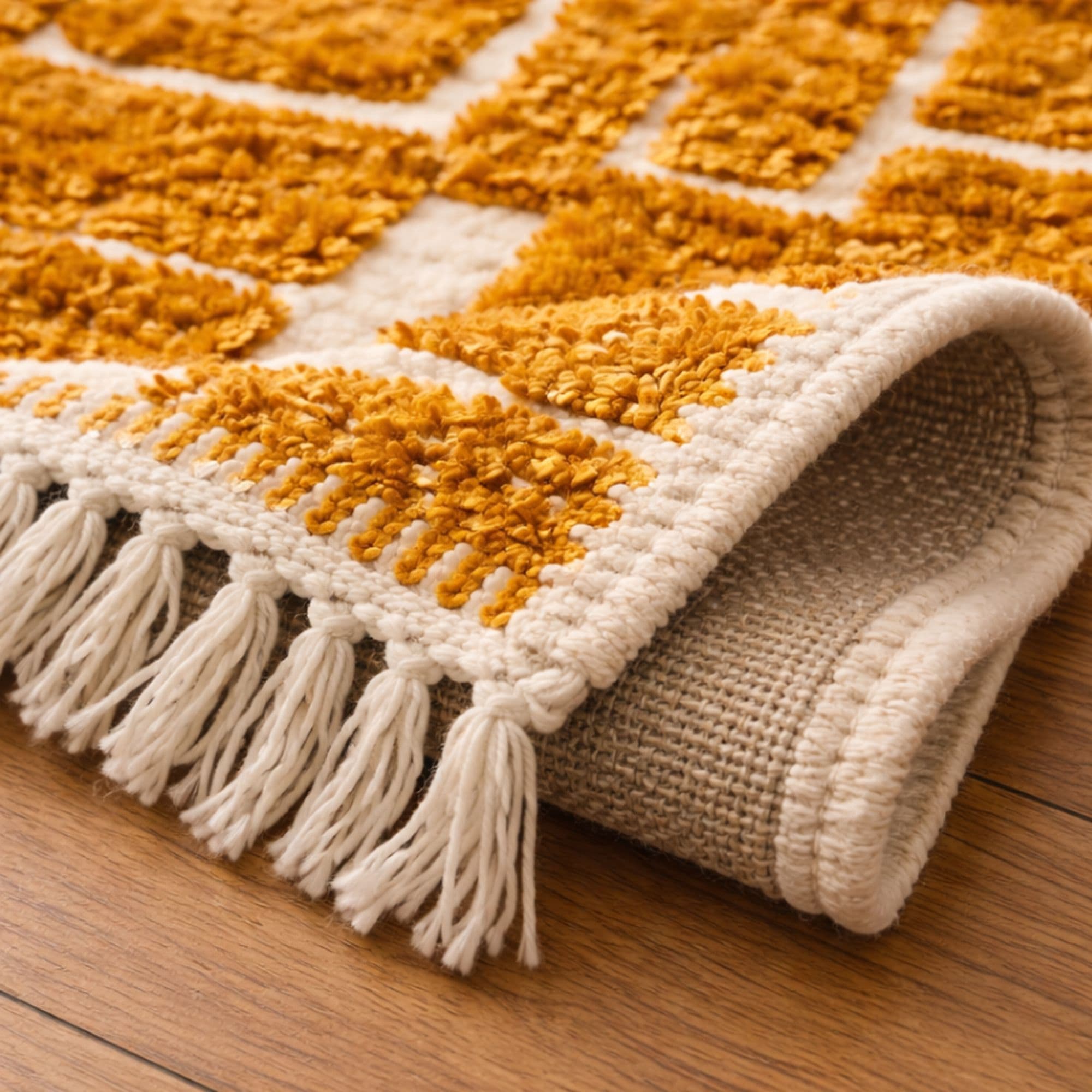 Handwoven Mrirt Rug - Mustard Geometric Blocks - Detail view 2