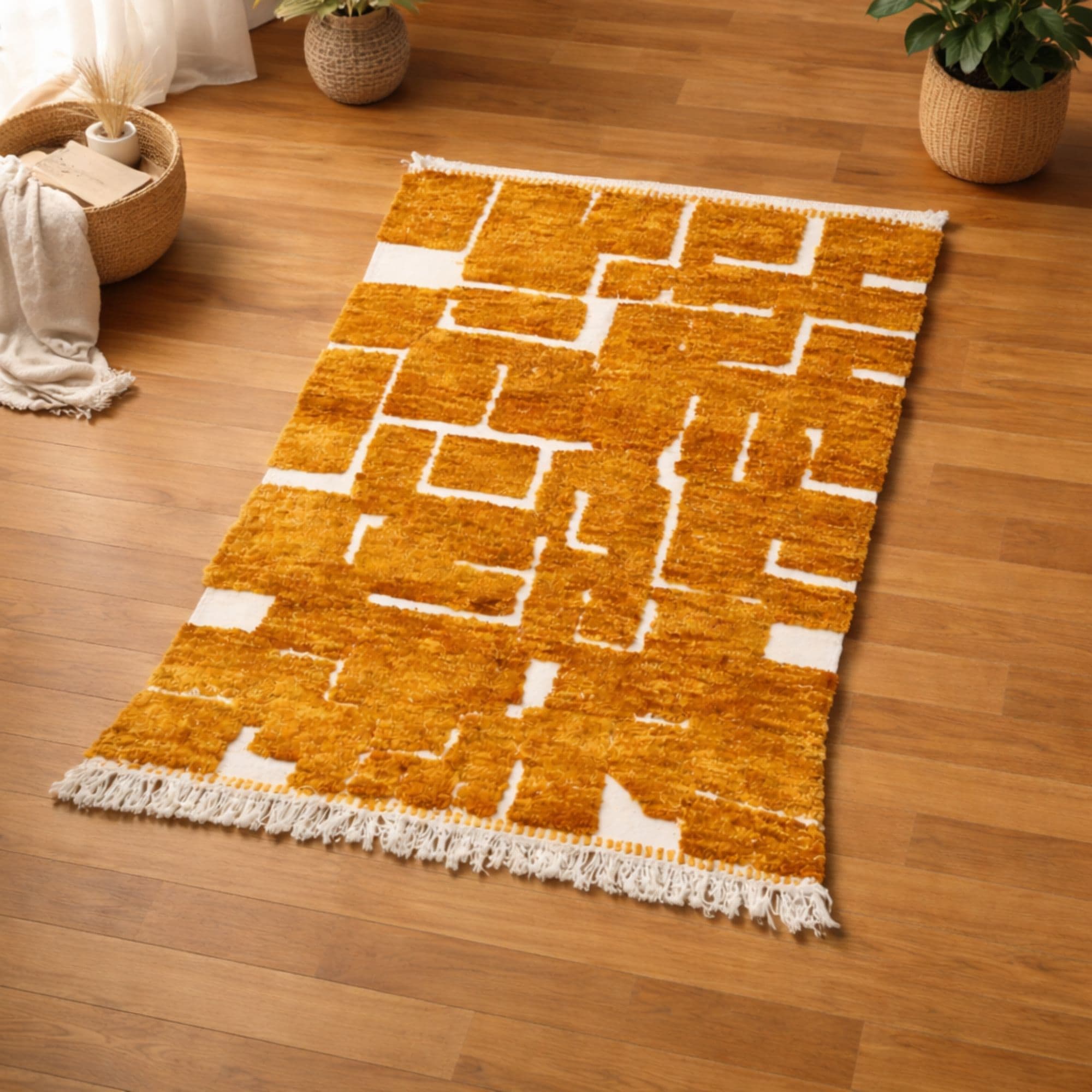 Handwoven Mrirt Rug - Mustard Geometric Blocks - Detail view 3