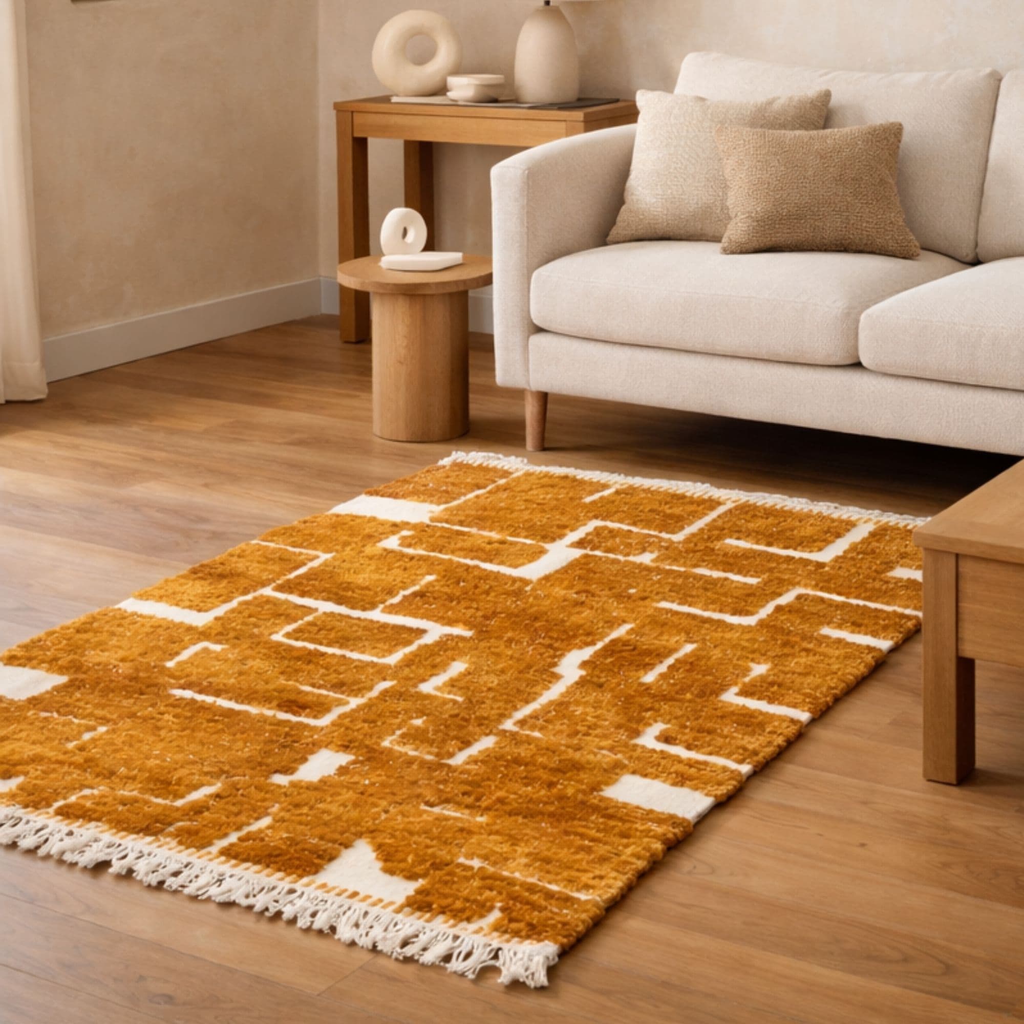 Modern Moroccan Wool Rug - Mustard Abstract Grid - Detail view 1