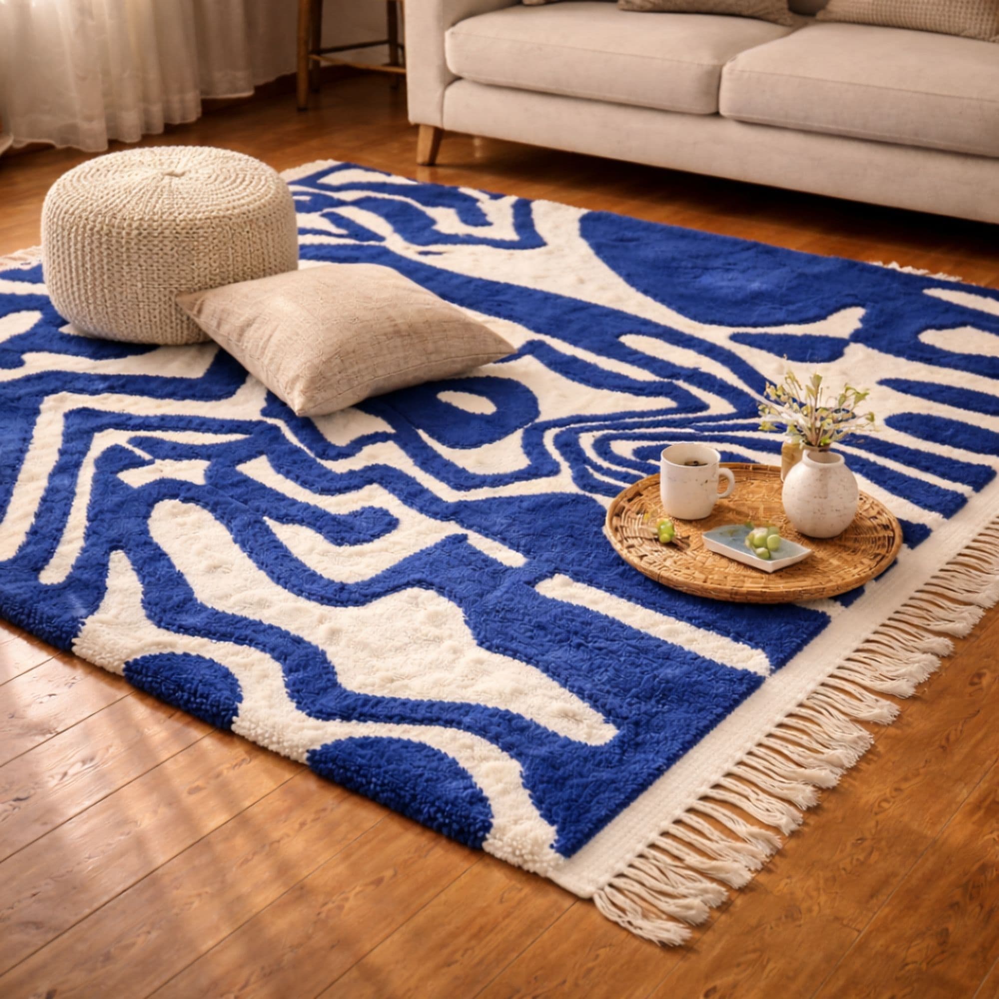 Cobalt Blue Azilal Rug - Abstract Moroccan Wool - Detail view 2