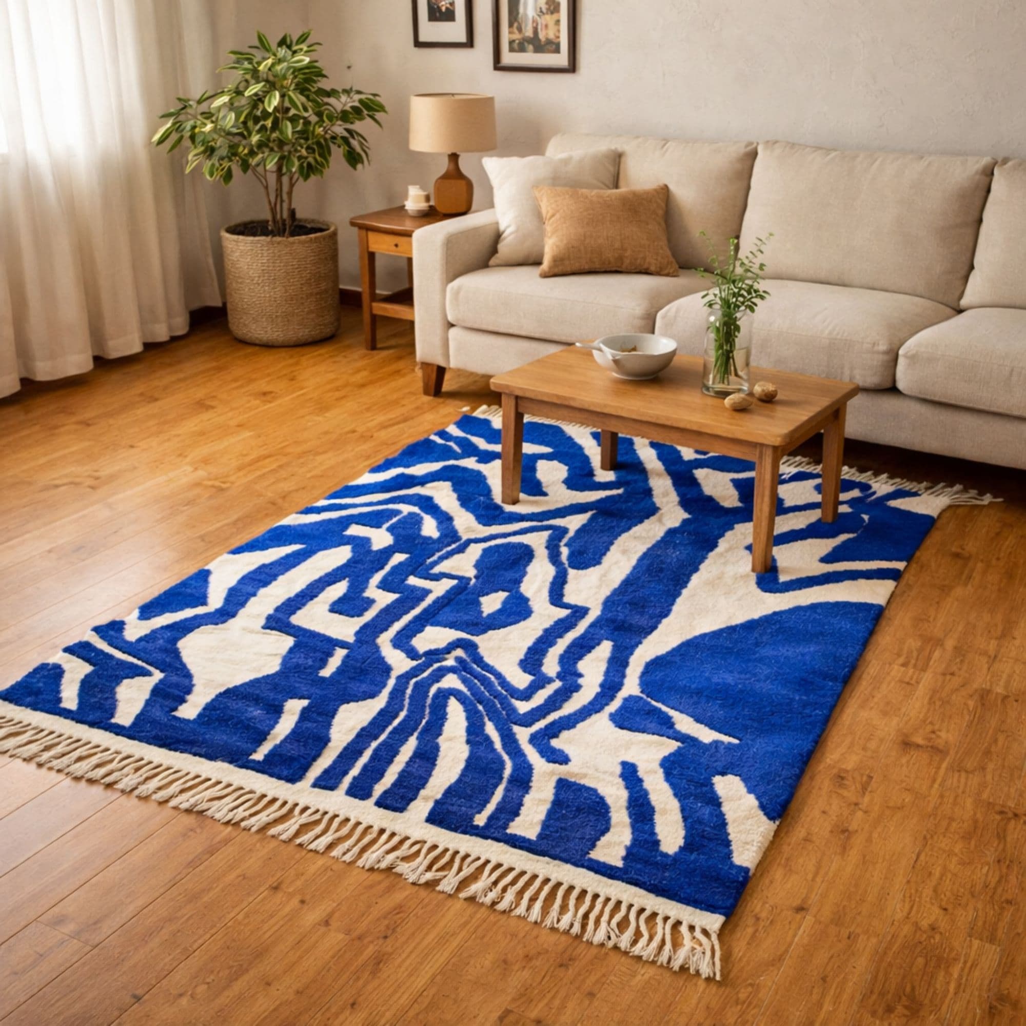 Blue Moroccan Art Rug - Handwoven Organic Forms - Detail view 1