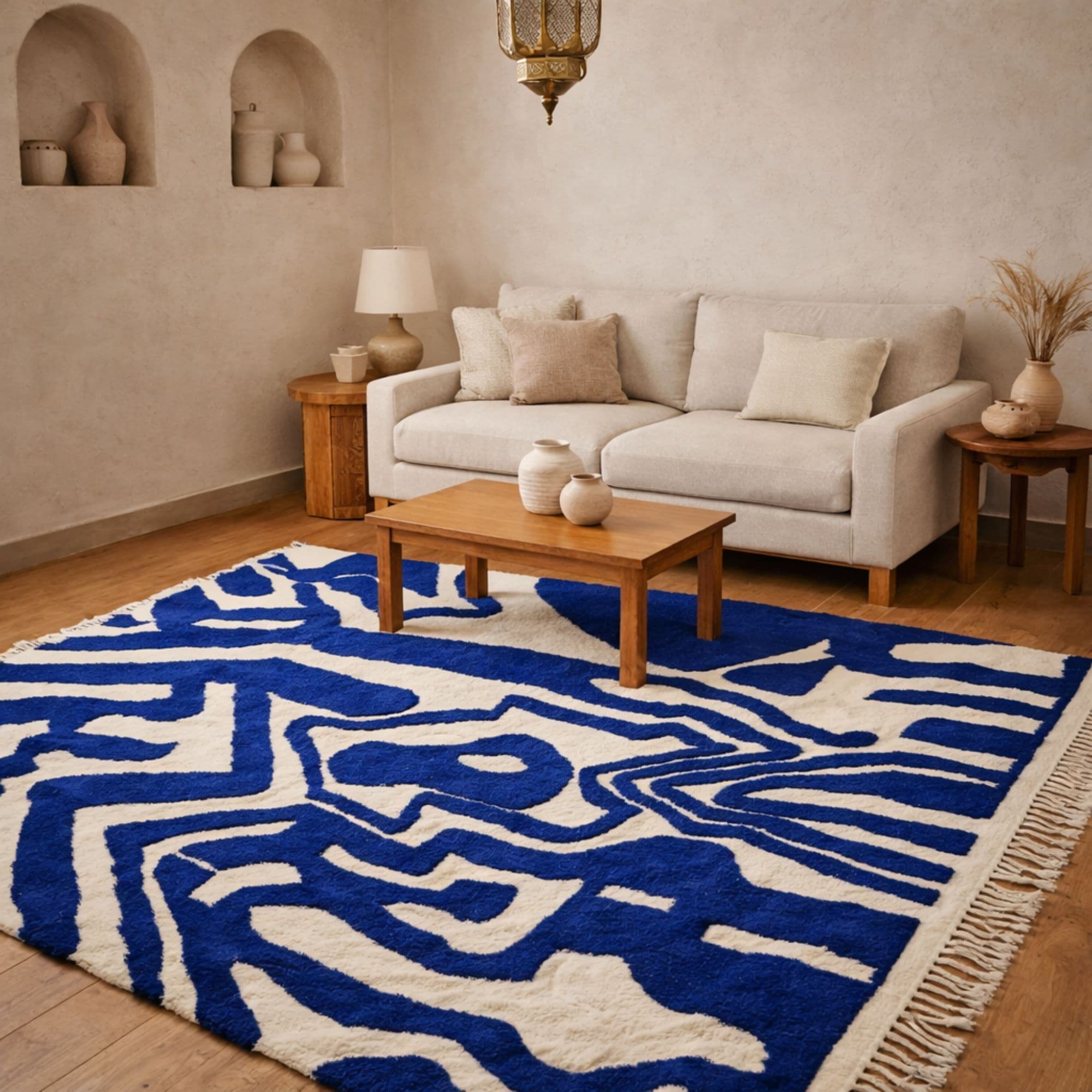 Abstract Azilal Wool Rug - Cobalt Geometric Design - Detail view 1
