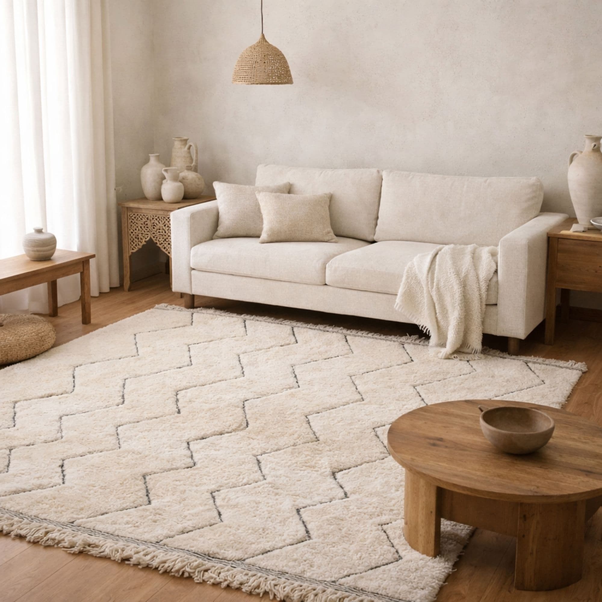 Ivory Beni Ourain Rug - Charcoal Chevron Lines - Detail view 3