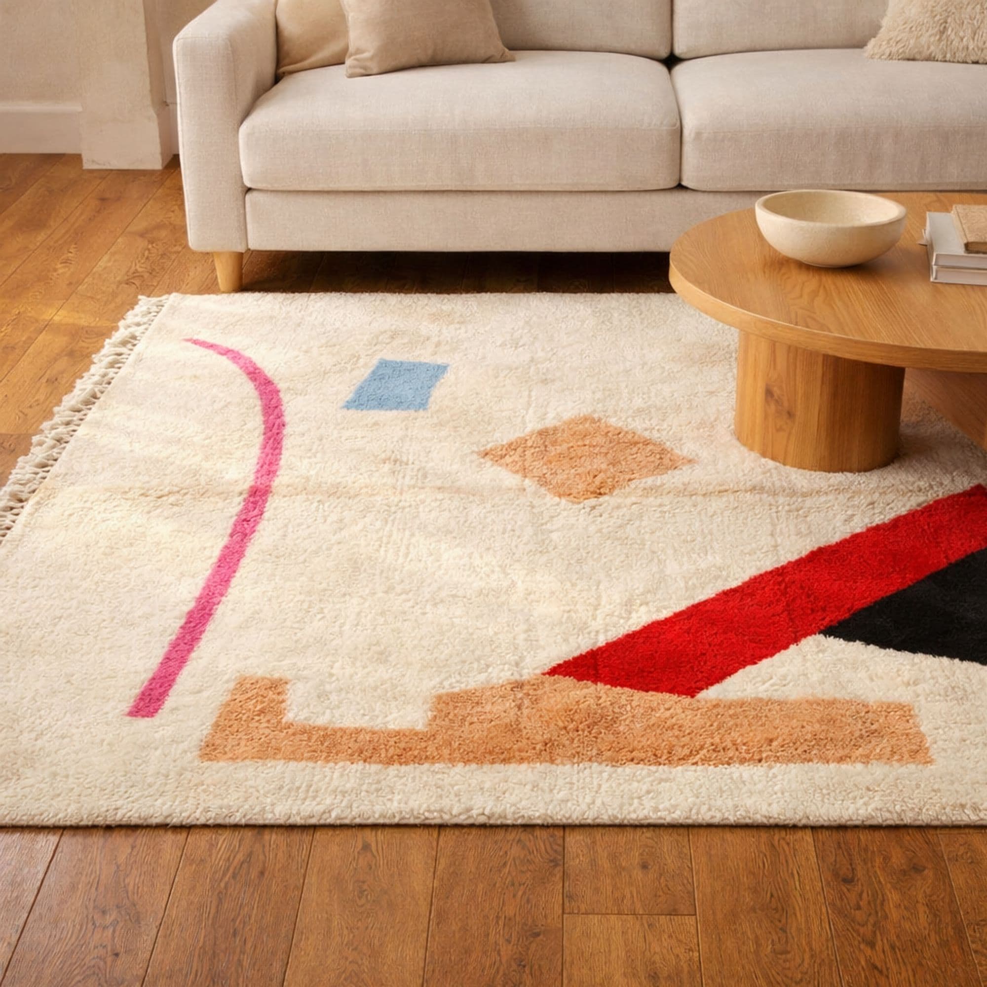 Abstract Moroccan Area Rug - Ivory Color-Block Design - Detail view 1