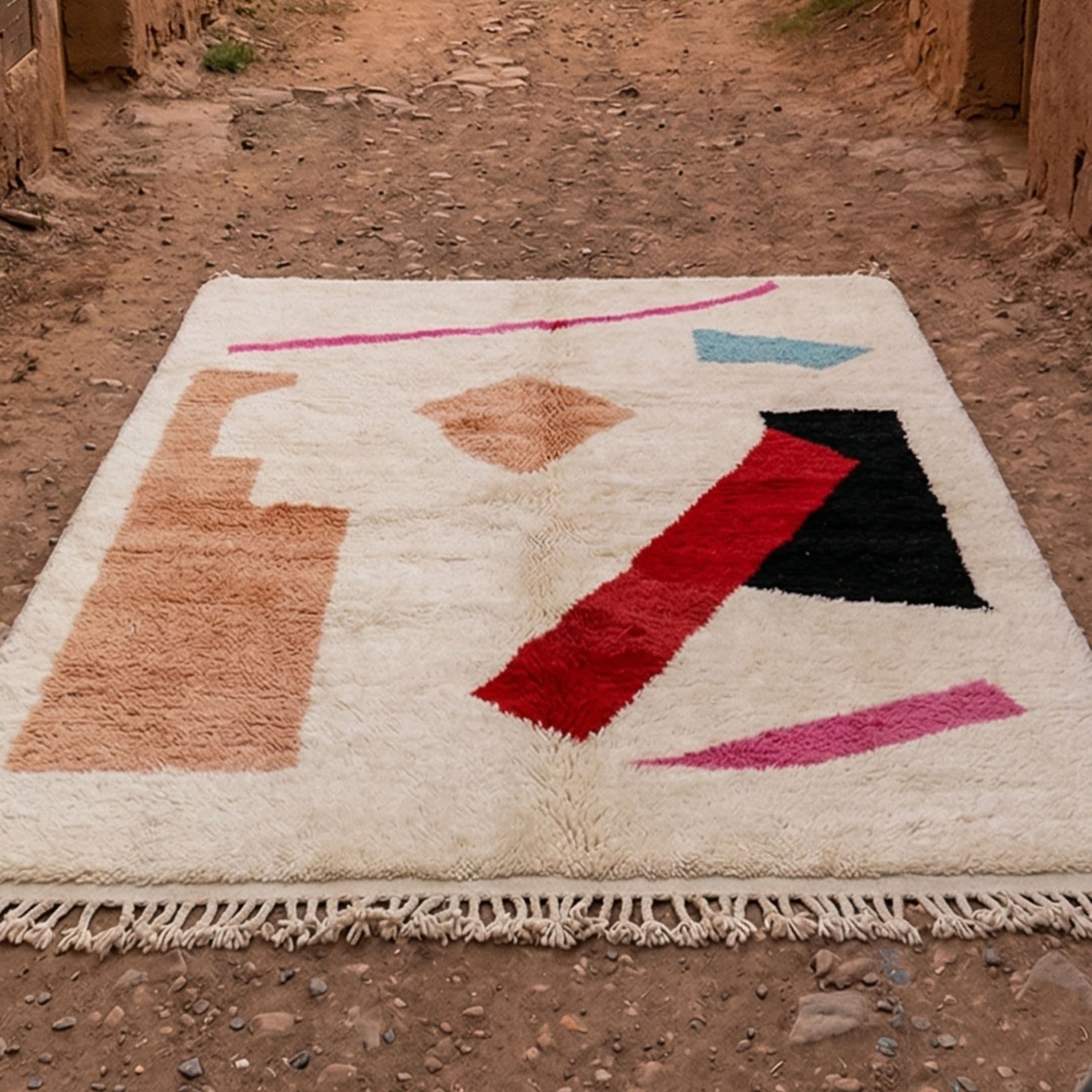 Abstract Moroccan Area Rug - Ivory Color-Block Design - Detail view 3