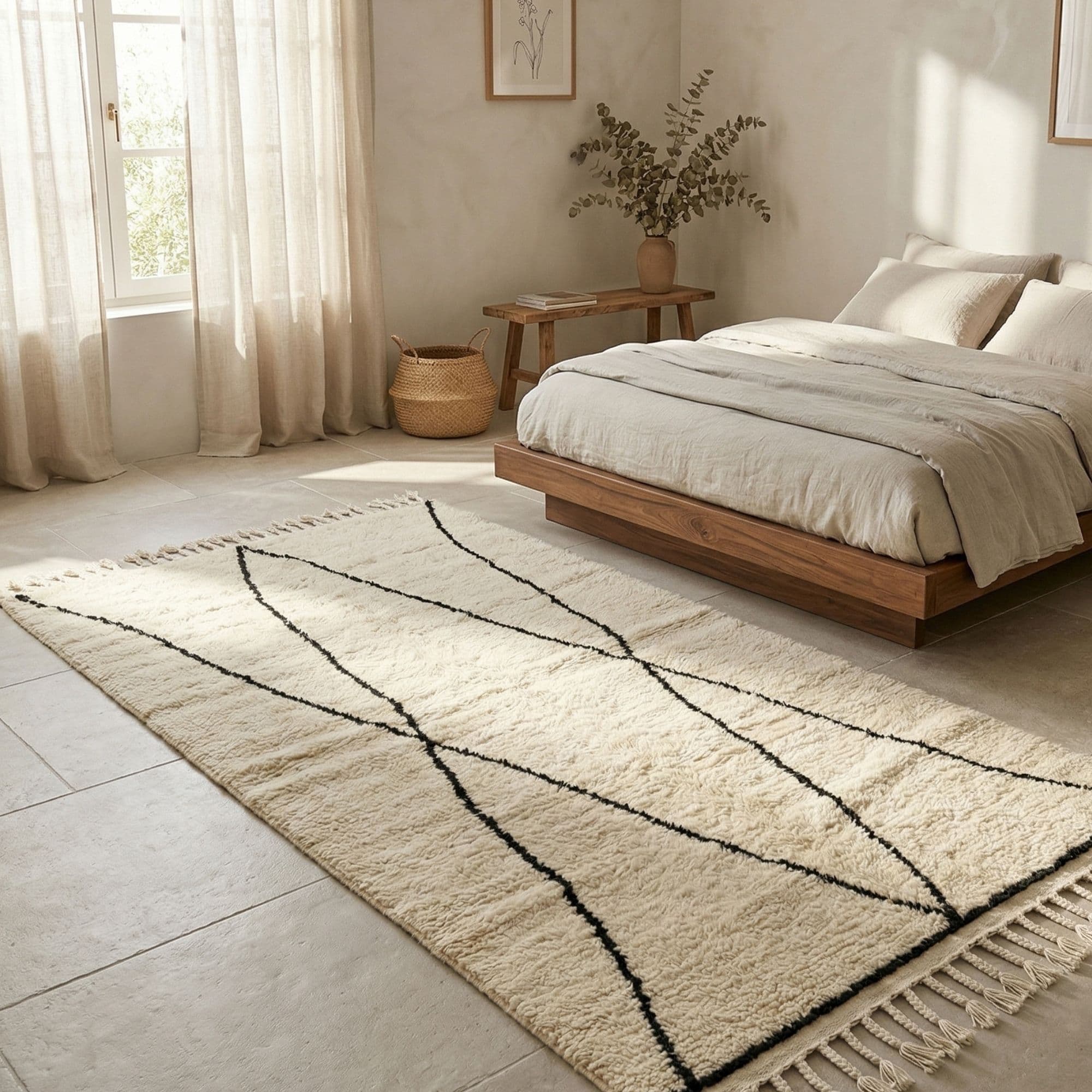 Minimalist Moroccan Wool Rug - Sculptural Black Loops - Detail view 2
