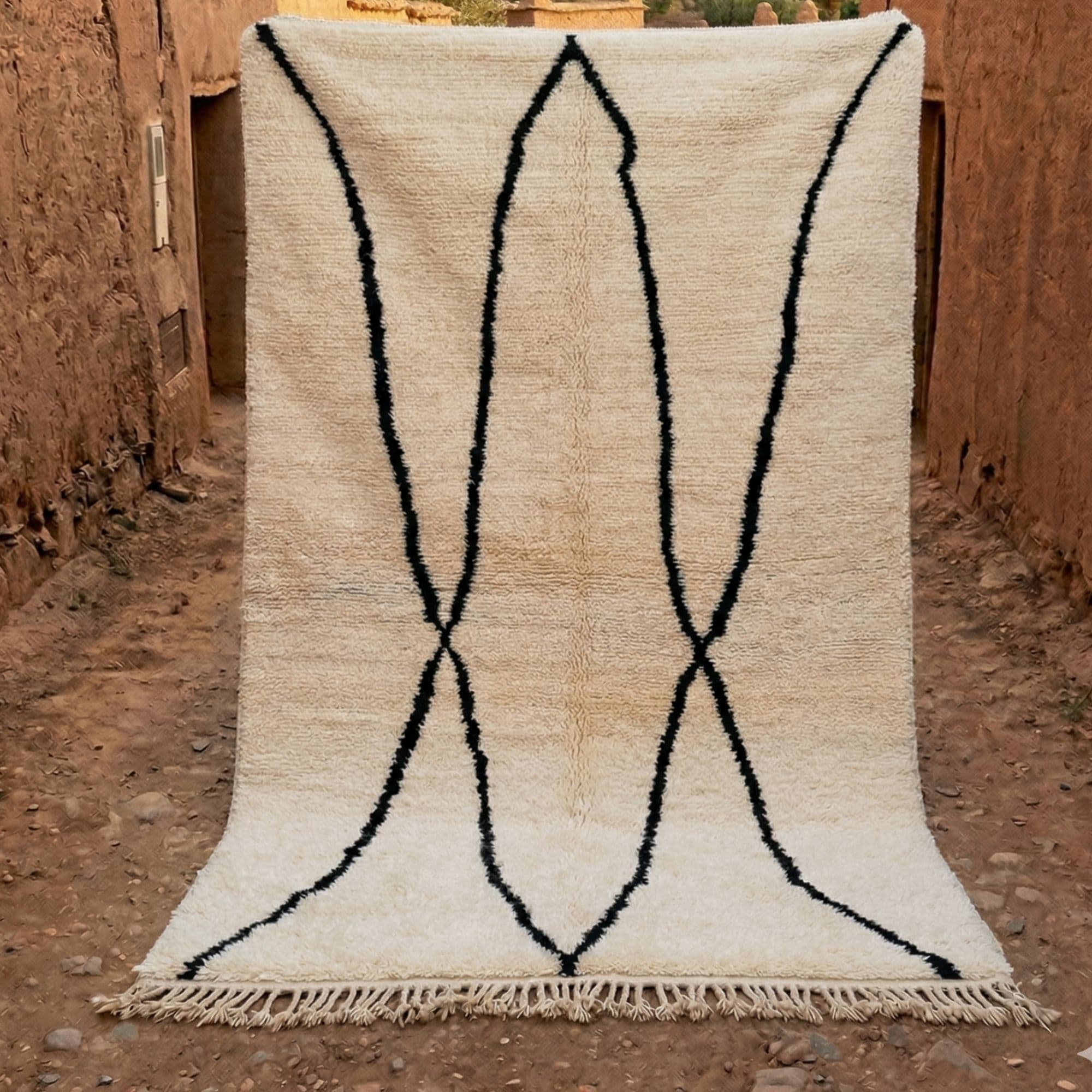Minimalist Moroccan Wool Rug - Sculptural Black Loops - Detail view 3
