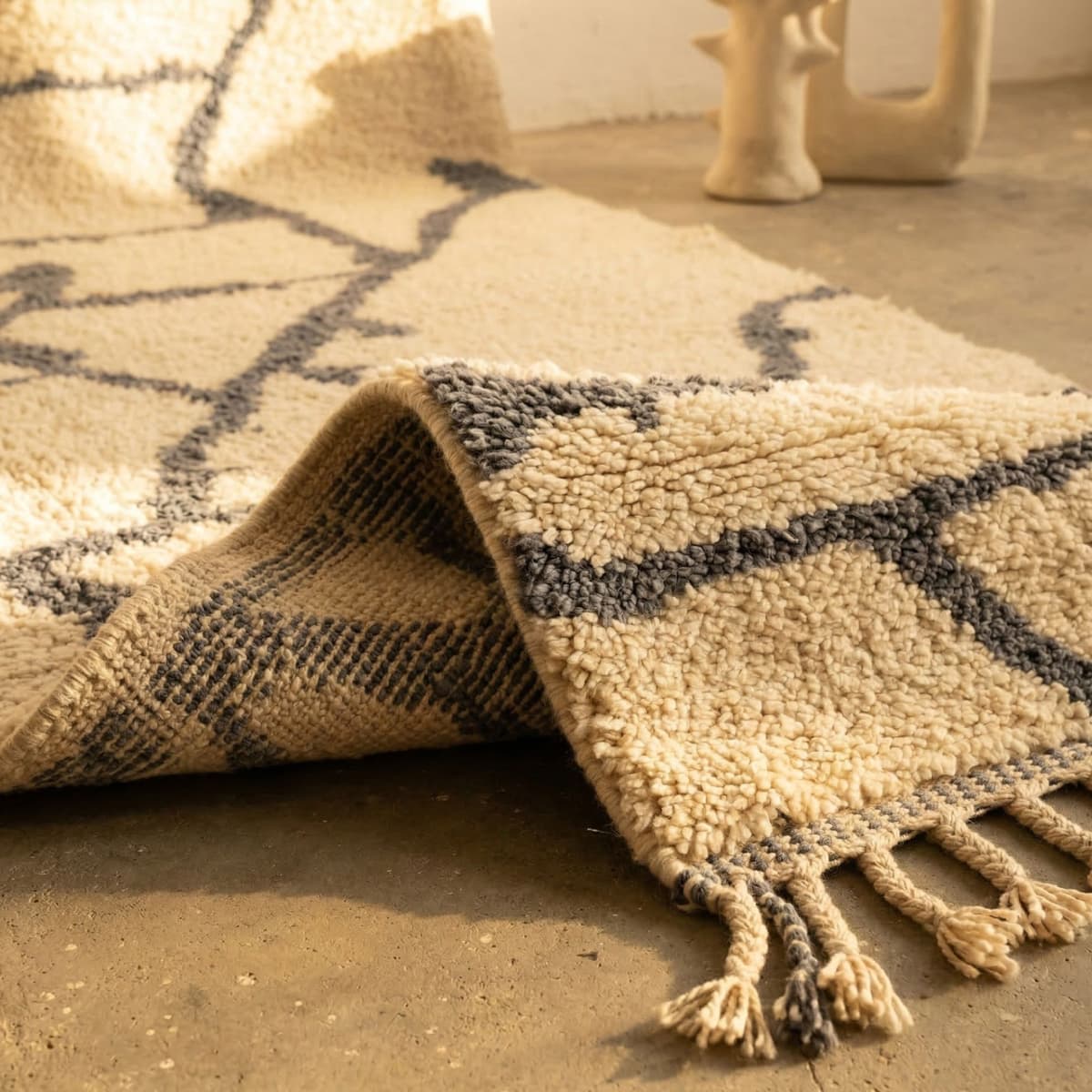 Moroccan Rug 8x10 — Ivory Berber Rug — Charcoal Geometric Style - Detail view 2