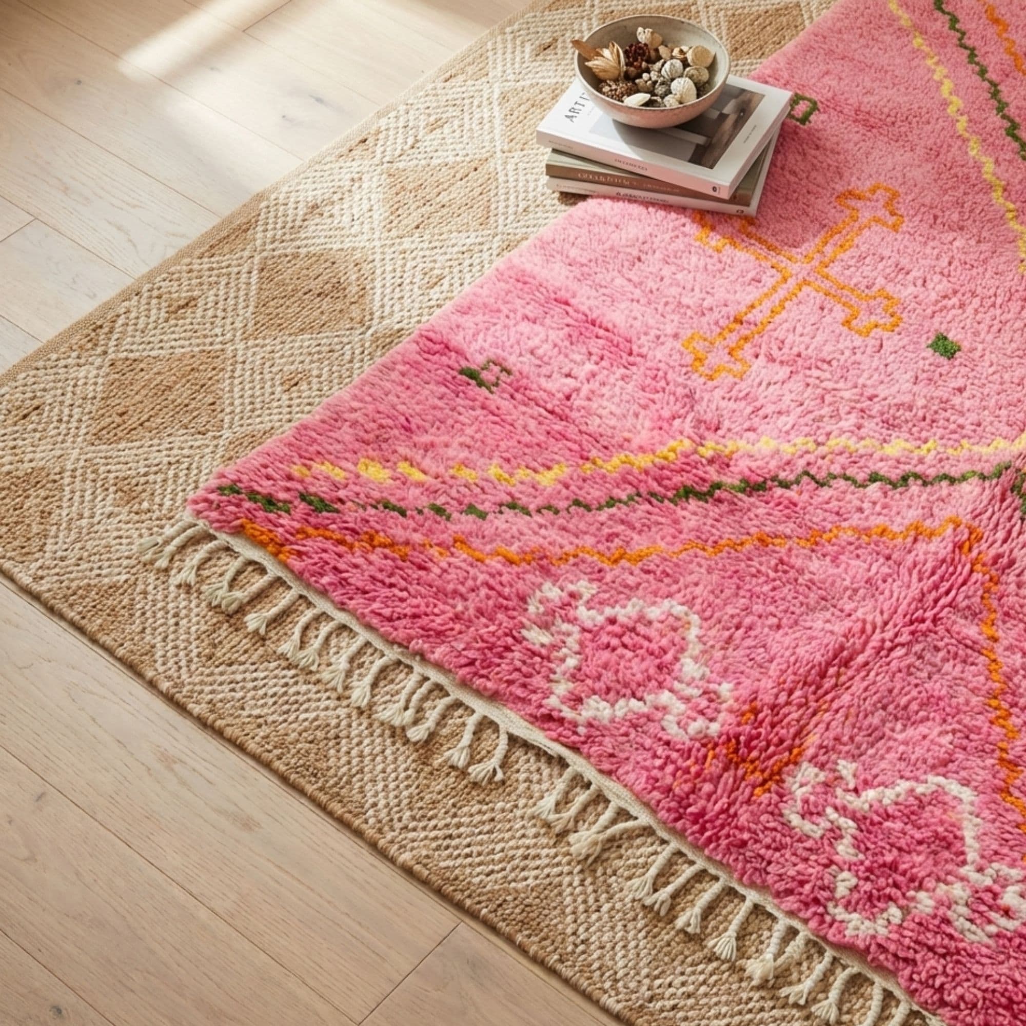 Pink Beni Ourain Rug — Boho Style — Ivory - Detail view 2