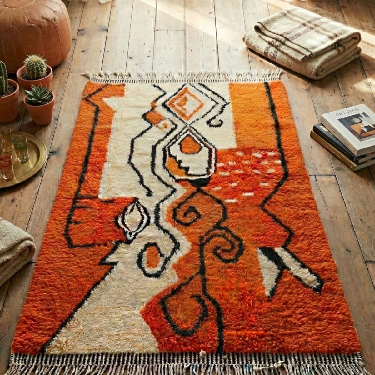 Moroccan Rug 8x10 — Orange Berber Rug — Abstract Graphic Style - Detail view 2