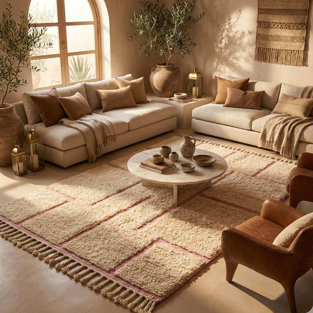 Blush Pink Moroccan Rug — Cream Boho Rug — Wool Berber Carpet - Detail view 2
