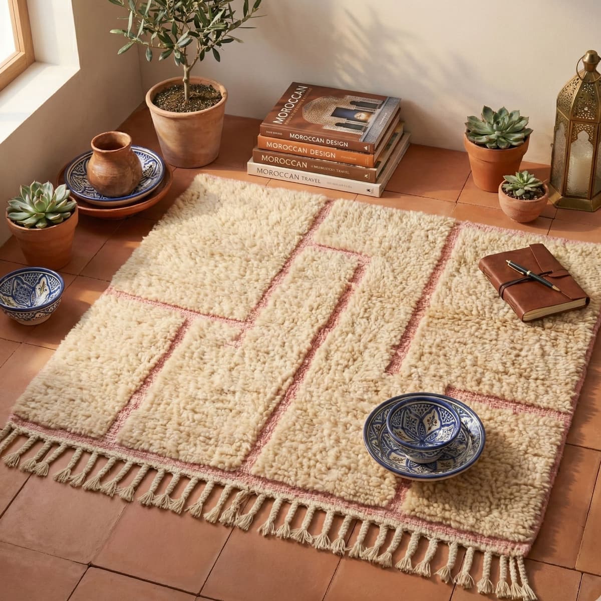 Blush Pink Moroccan Rug — Cream Boho Rug — Wool Berber Carpet - Video thumbnail