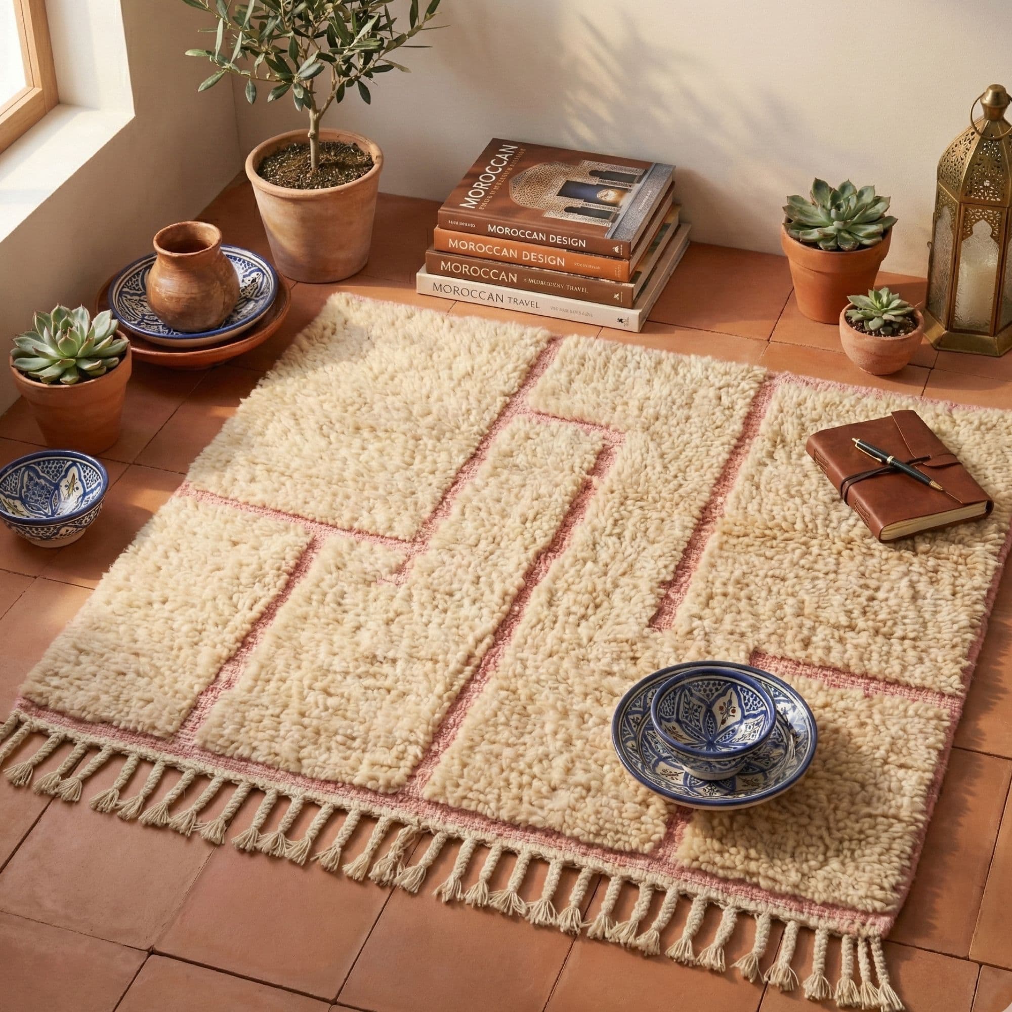Blush Pink Moroccan Rug — Cream Boho Rug — Wool Berber Carpet