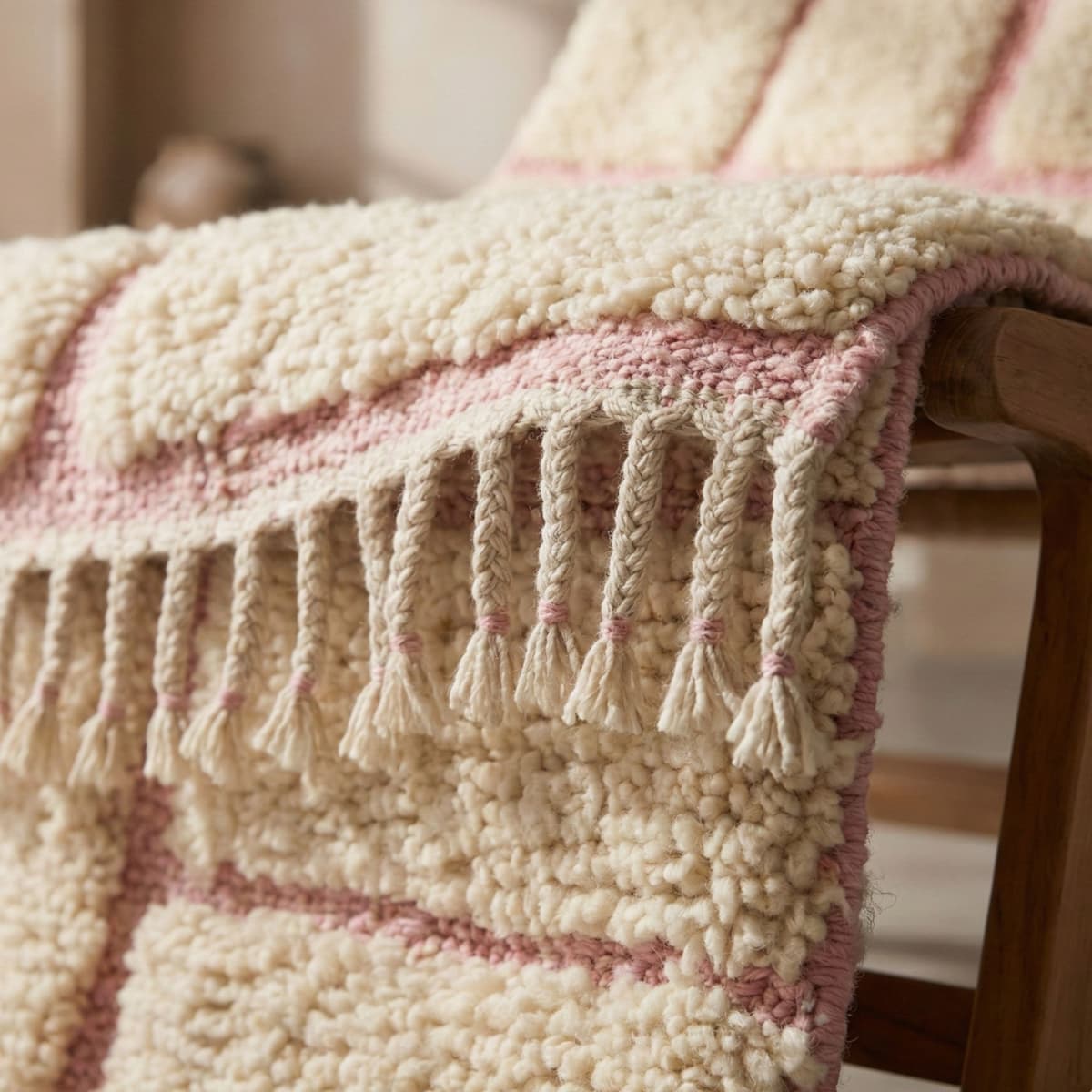 Cream Pink Moroccan Rug — Large Area Rug — Wool Berber Carpet — Blush - Detail view 2