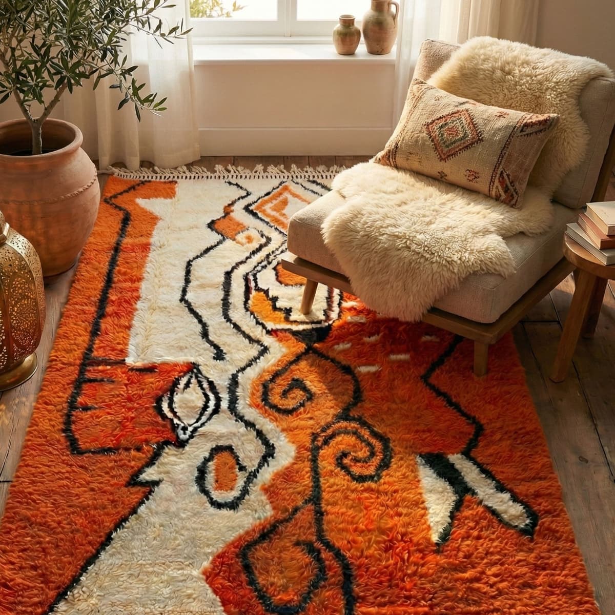 Moroccan Rug 8x10 — Orange Berber Rug — Abstract Graphic Style - Detail view 2