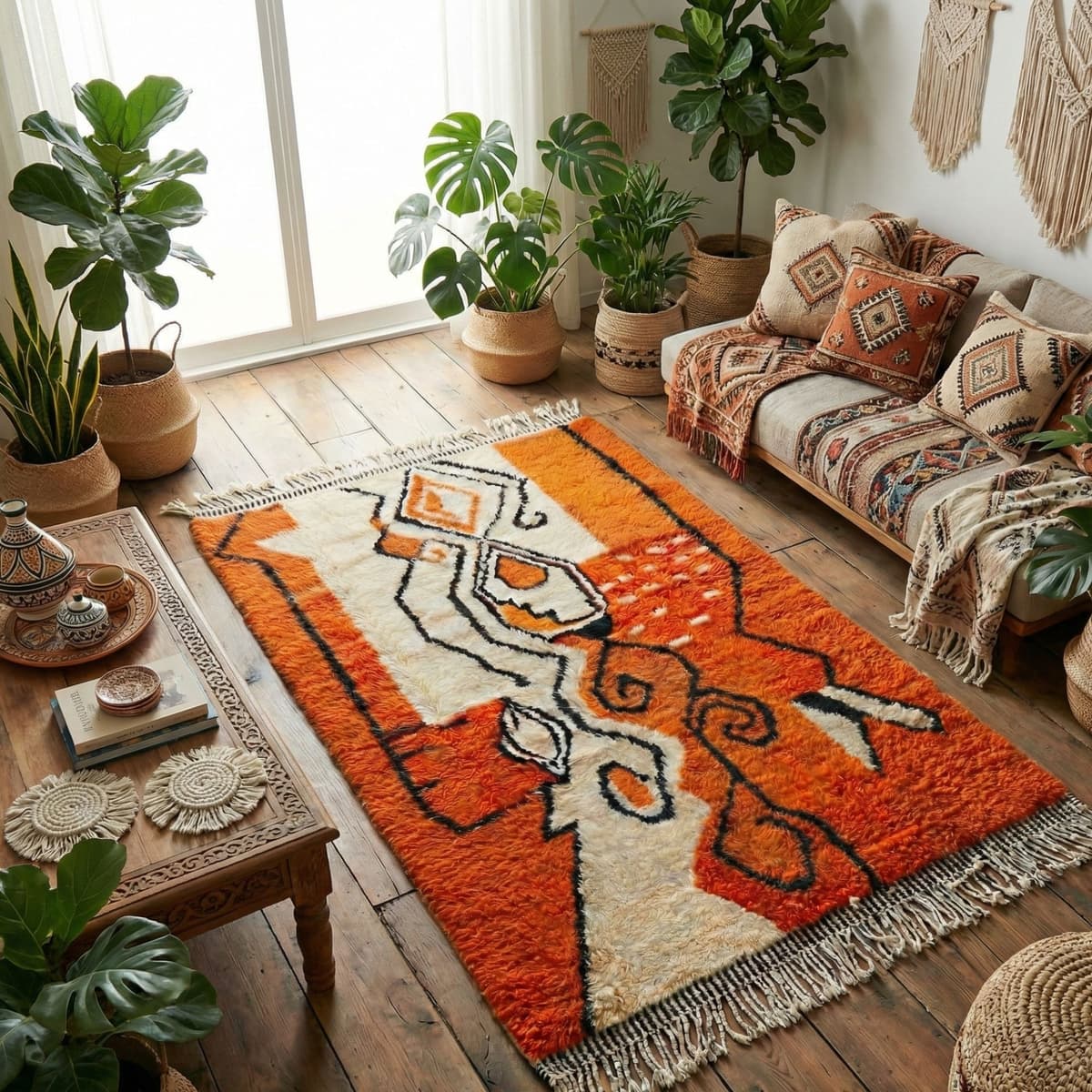 Moroccan Rug 8x10 — Orange Berber Rug — Abstract Graphic Style - Detail view 3