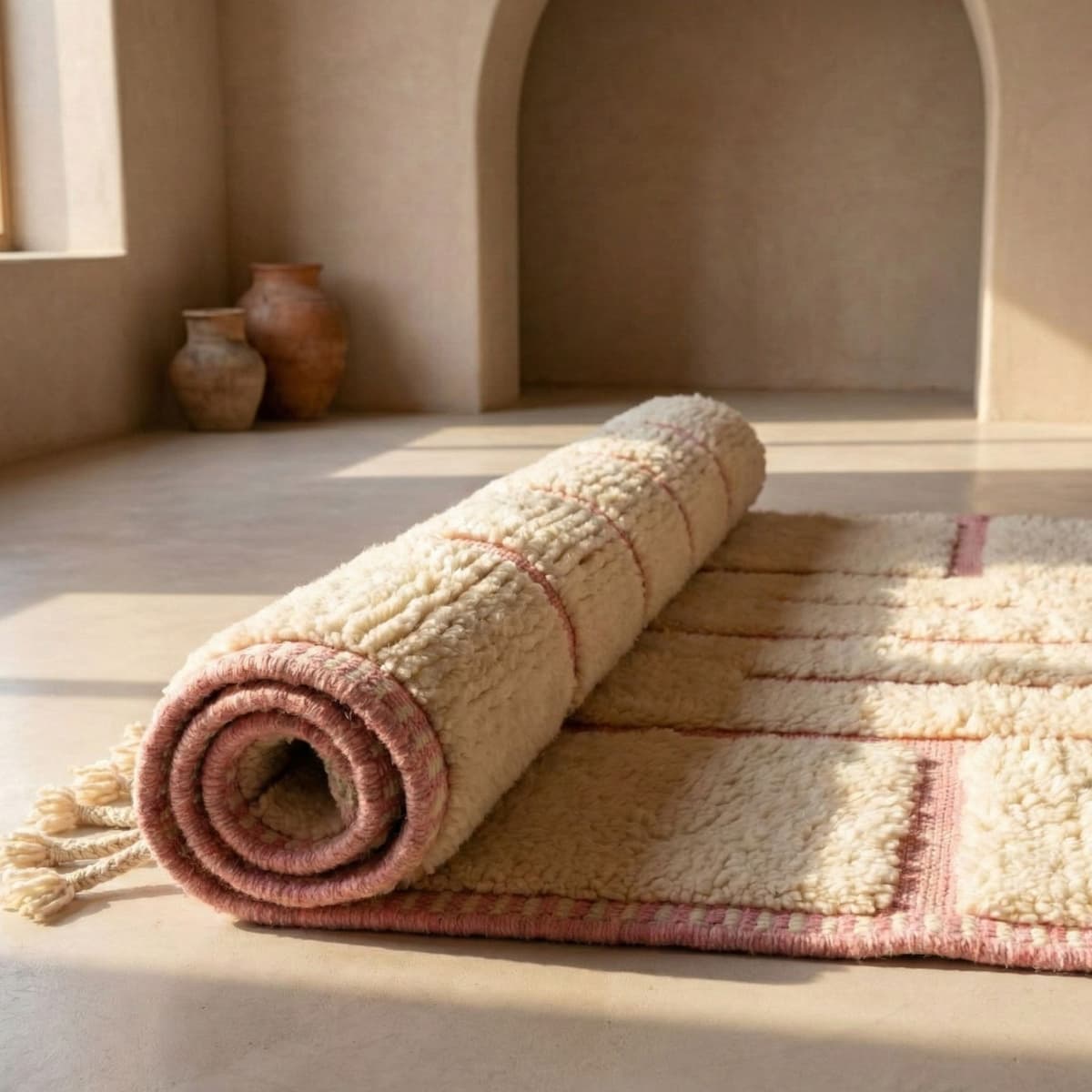 Cream Pink Moroccan Rug — Large Area Rug — Wool Berber Carpet - Detail view 3
