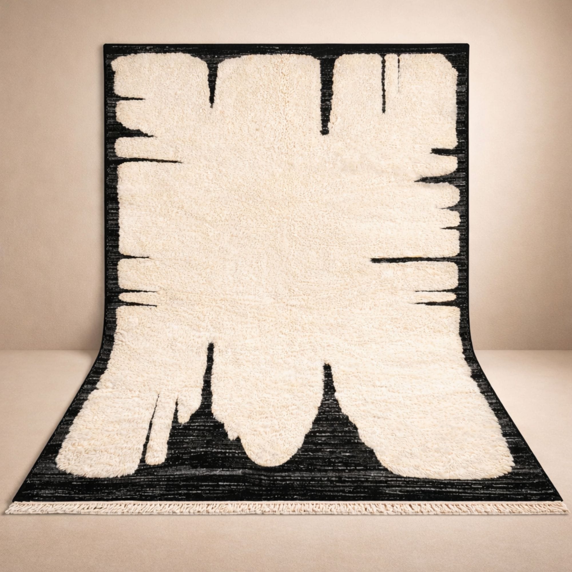 Abstract Mrirt Wool Rug - Ivory High-Low Design - Mrirt Moroccan rug in Charcoal color, 244 x 305 cm