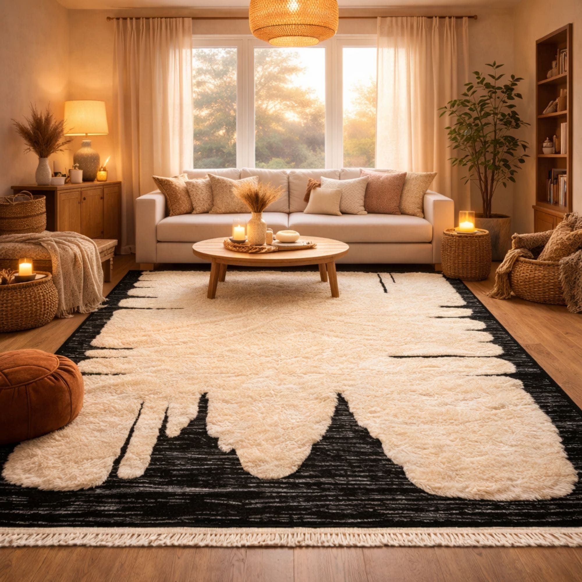 Abstract Mrirt Wool Rug - Ivory High-Low Design - Mrirt Moroccan rug in Charcoal color, 244 x 305 cm