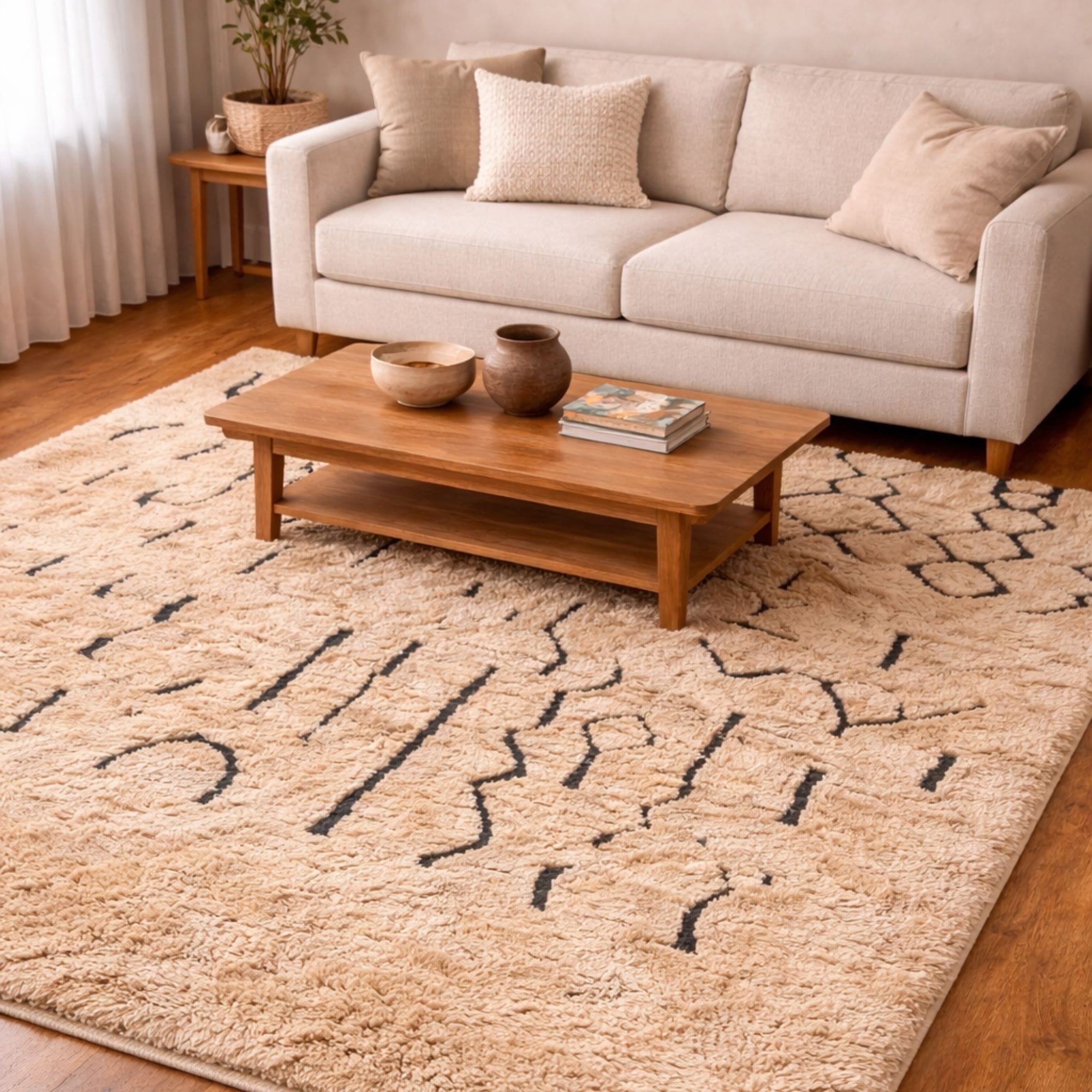 Abstract Moroccan Wool Rug - Graphic Tribal Symbols - Azilal Moroccan rug in Ivory color, 244 x 305 cm