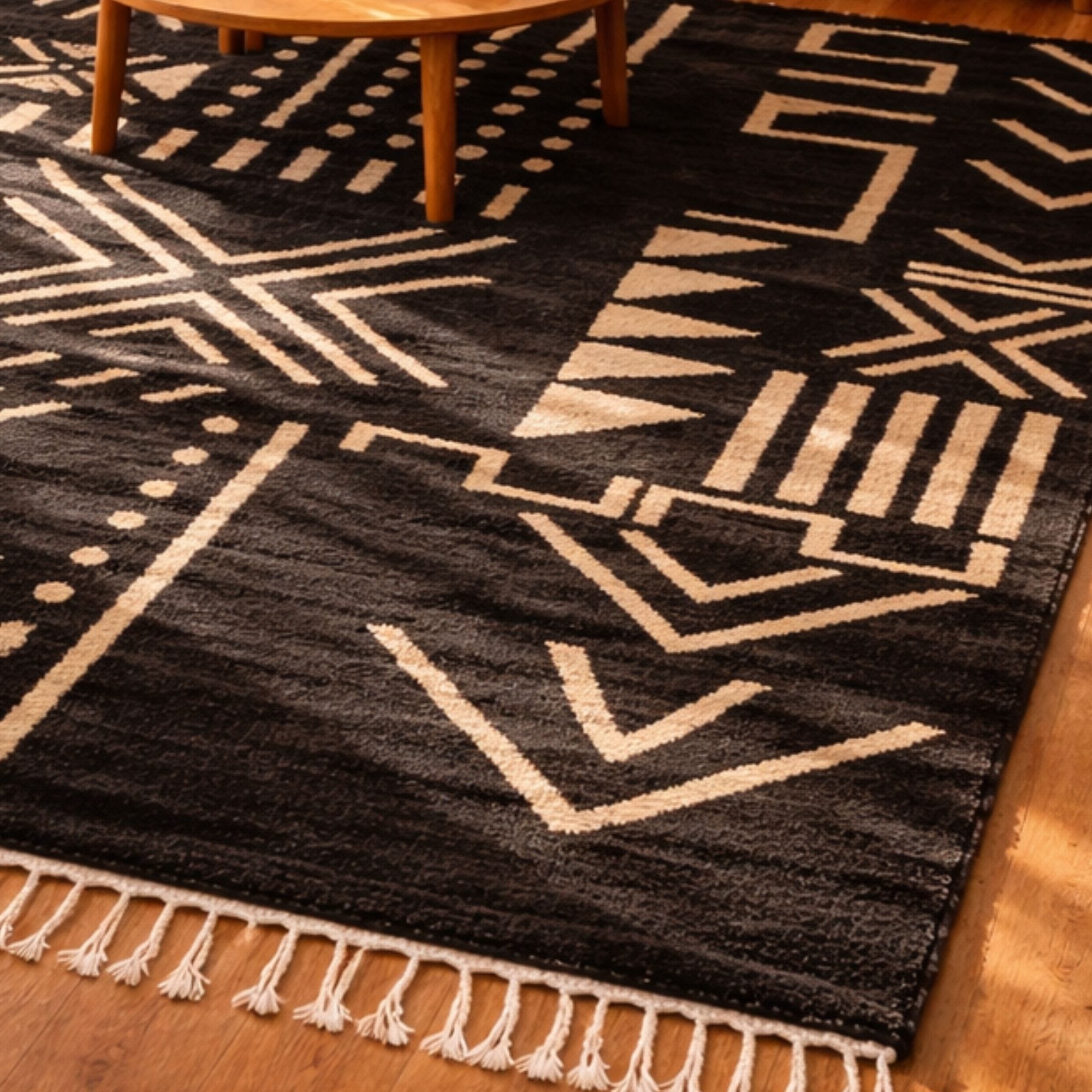 Azilal Wool Rug - Black Field and Symbolic Design - Azilal Moroccan rug in Charcoal color, 183 x 274 cm