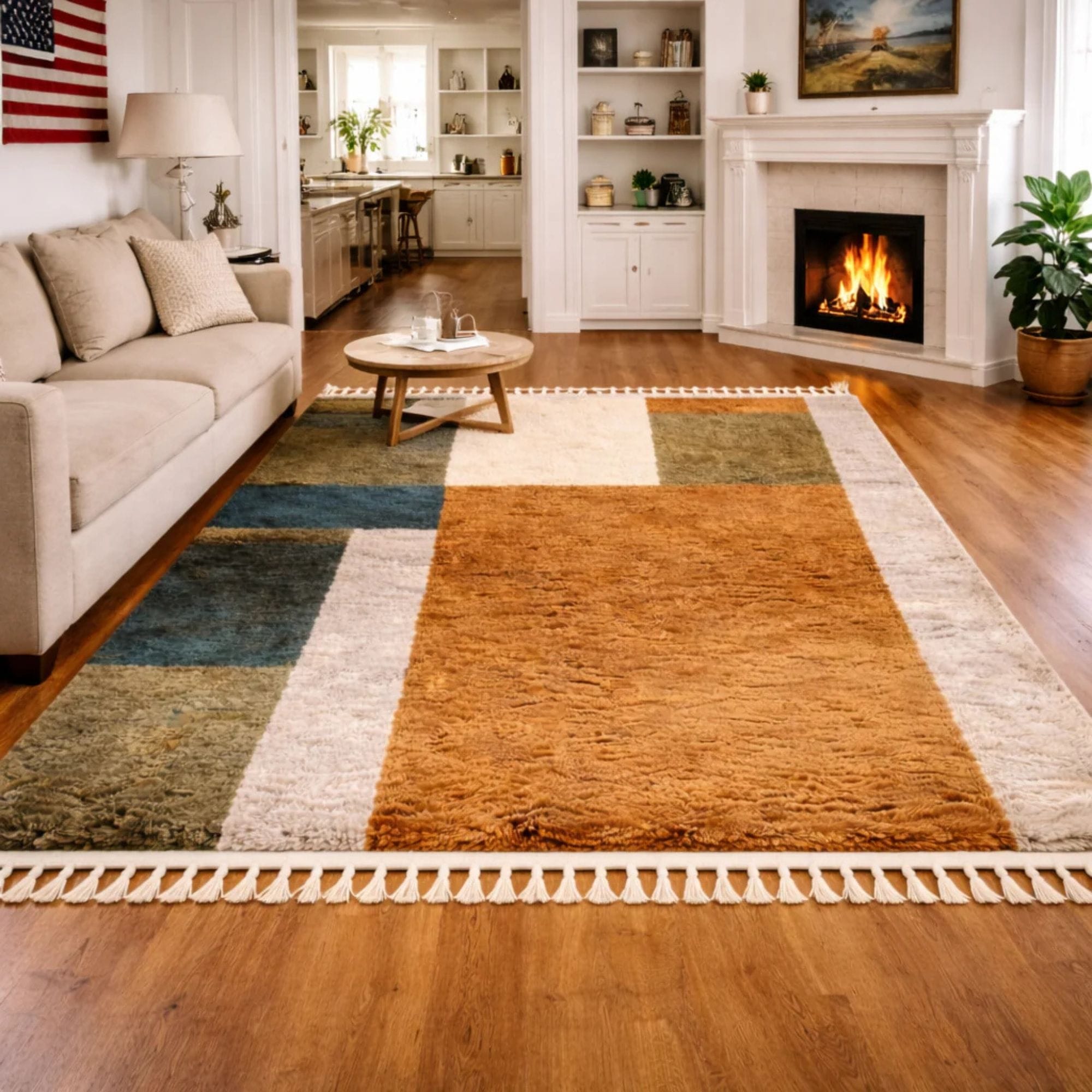 Color Block Moroccan Wool Rug - Ochre and Teal - Mrirt Moroccan rug in Terracotta color, 244 x 305 cm