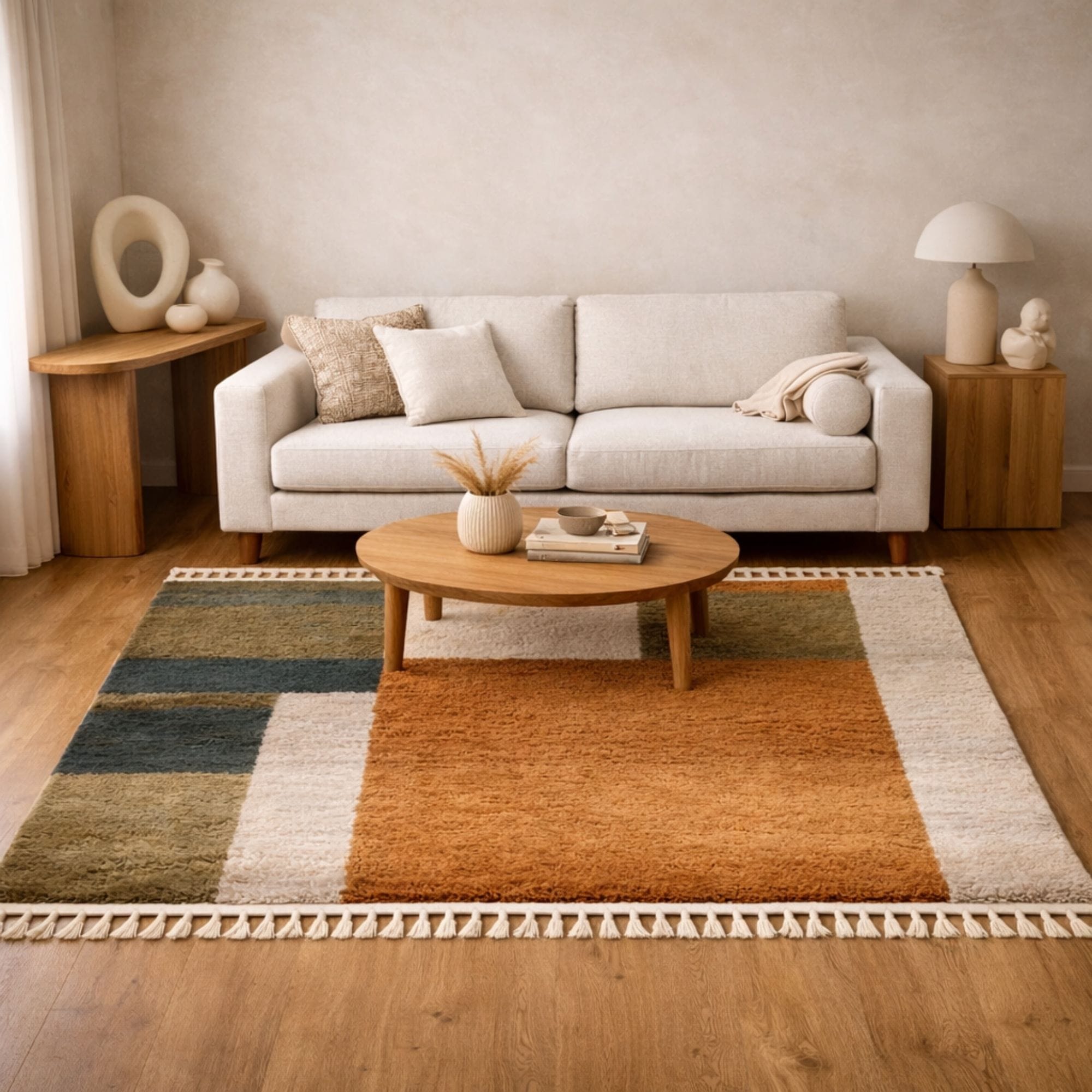 Color Block Moroccan Wool Rug - Ochre and Teal - Mrirt Moroccan rug in Terracotta color, 244 x 305 cm
