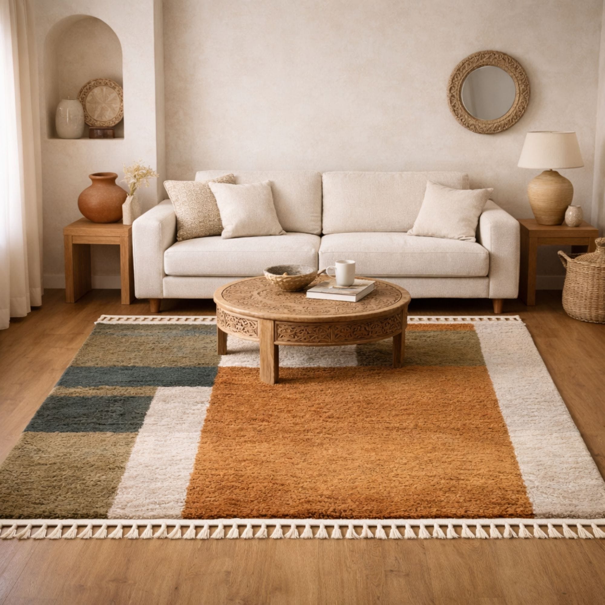 Handwoven Mrirt Rug - Earth-Tone Geometric Panels - Mrirt Moroccan rug in Terracotta color, 183 x 274 cm