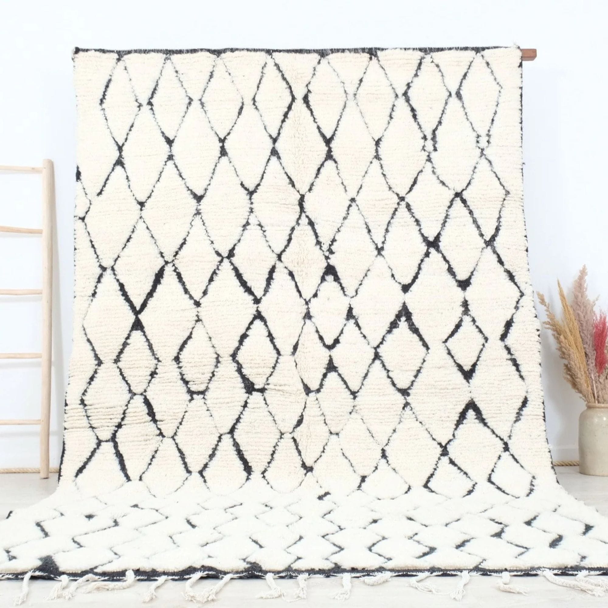 Cream Moroccan Wool Rug - Open Geometric Lattice - Beni Ourain Moroccan rug in Ivory color, 183 x 274 cm