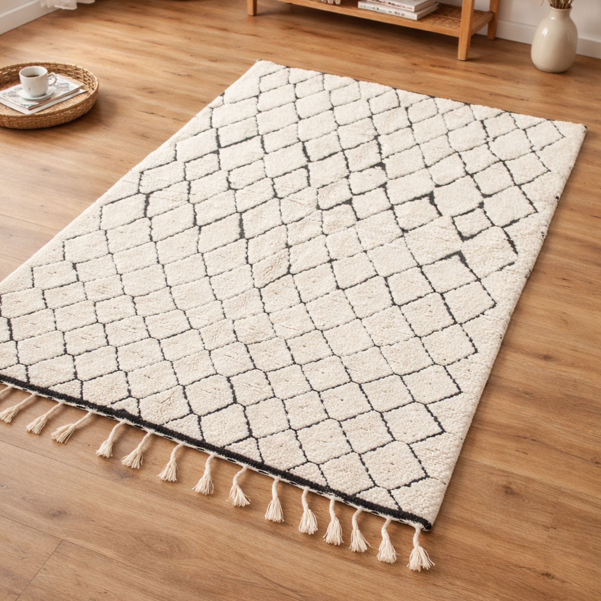 Geometric Beni Ourain Rug - Ivory and Charcoal Wool - Beni Ourain Moroccan rug in Ivory color, 183 x 274 cm