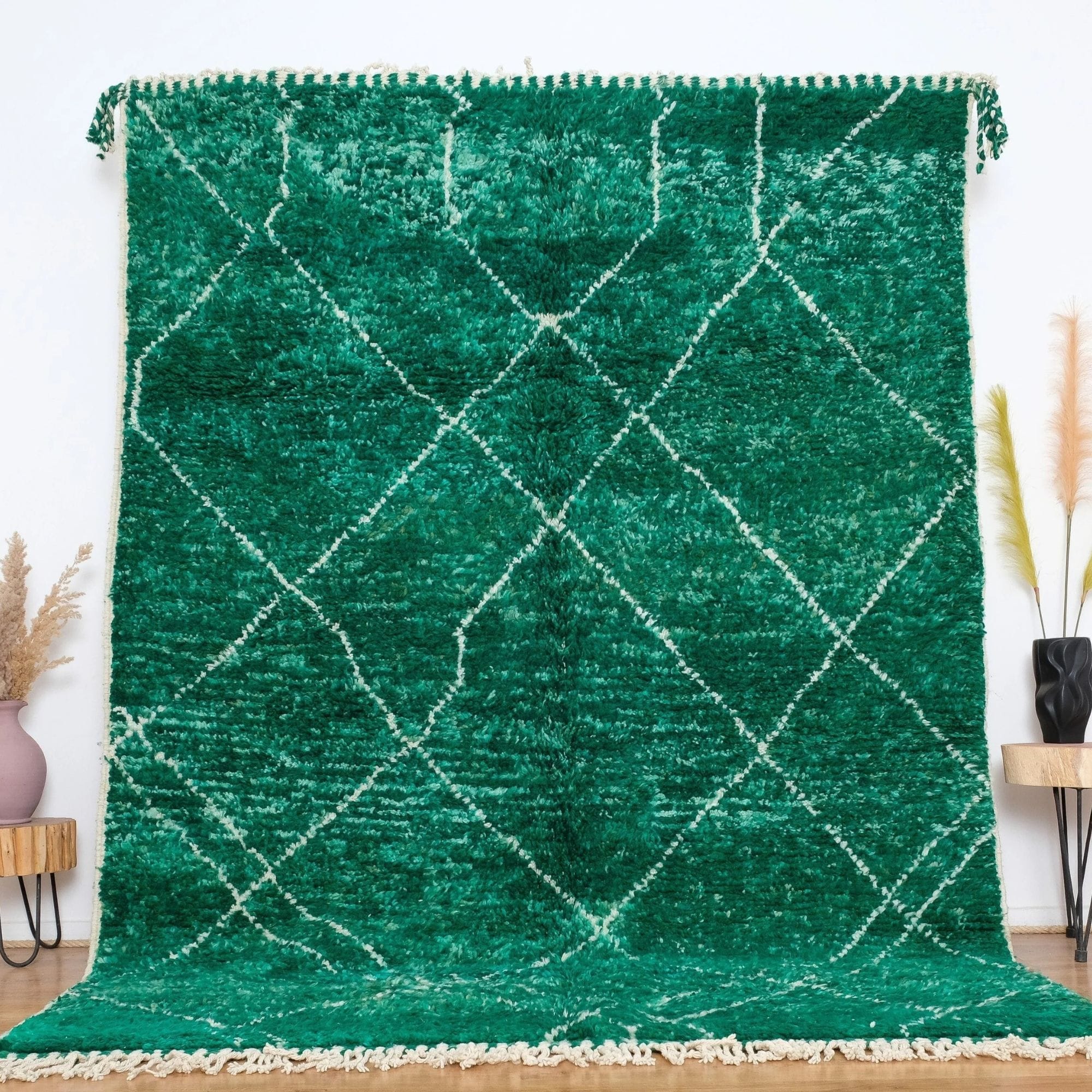 Green Moroccan Wool Rug - Handwoven Diamond Pattern - Beni Ourain Moroccan rug in Forest color, 244 x 305 cm