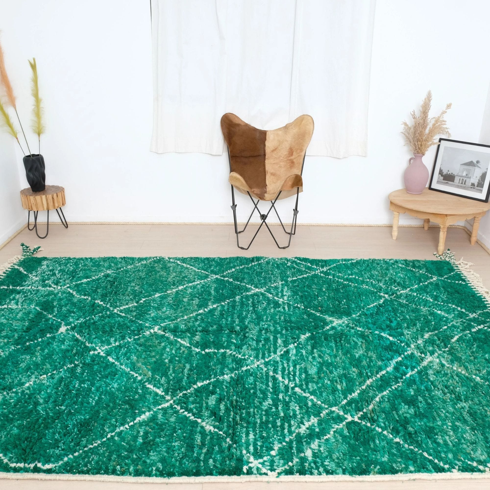 Modern Green Moroccan Area Rug - Plush Ivory Lattice - Beni Ourain Moroccan rug in Forest color, 183 x 274 cm