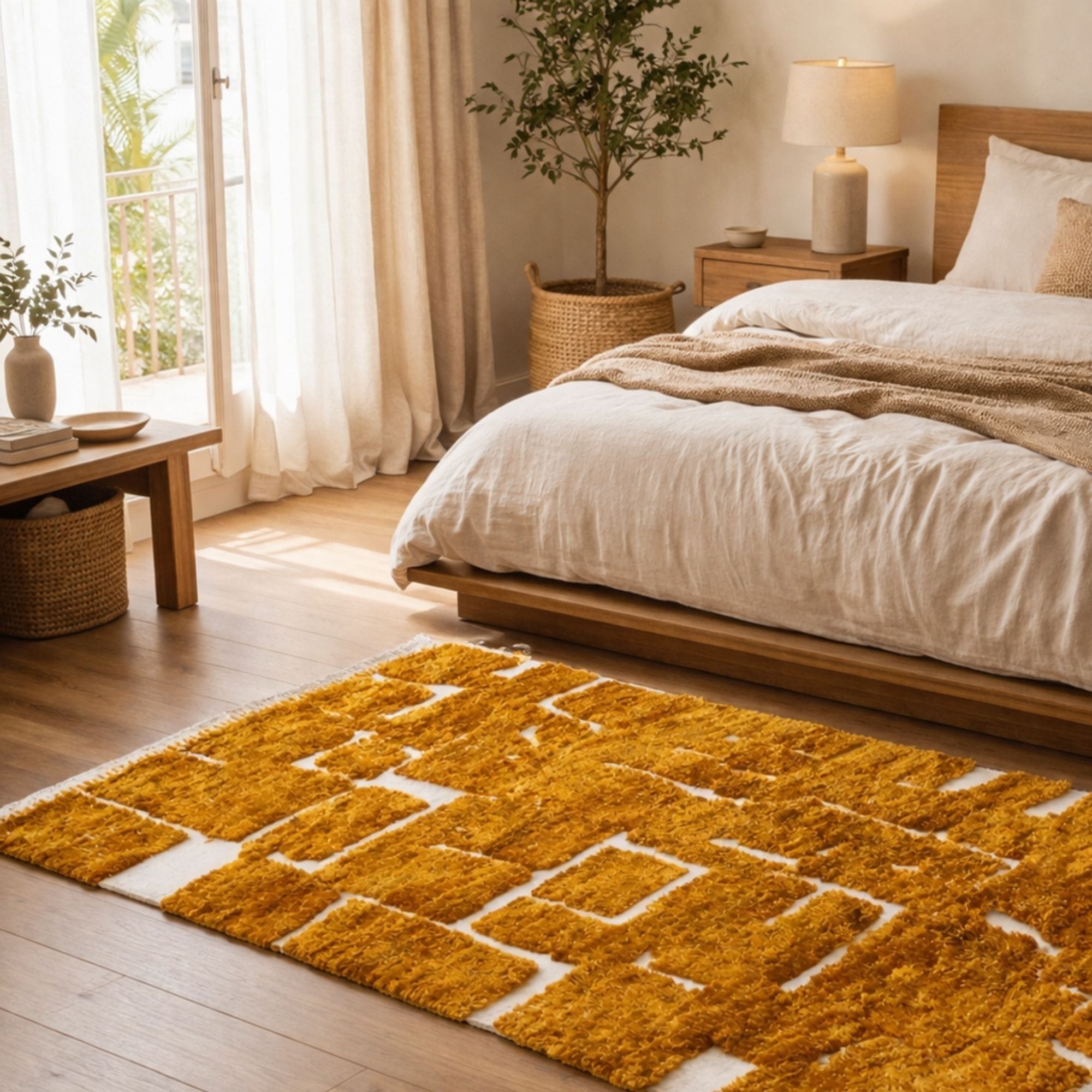 Mustard Moroccan Mrirt Rug - Geometric Wool Design - Mrirt Moroccan rug in Saffron color, 244 x 305 cm