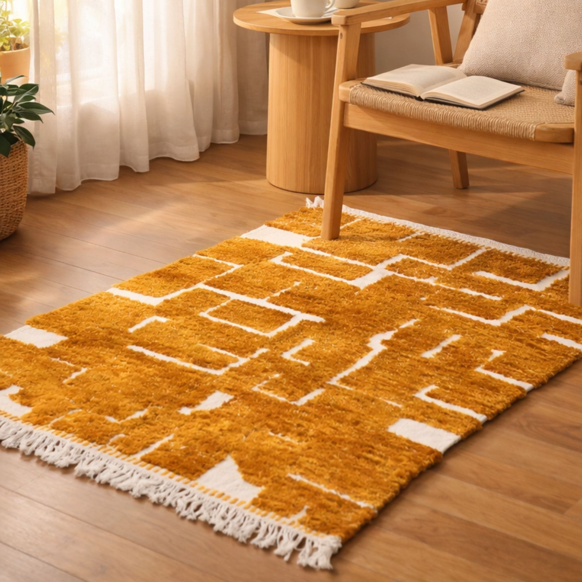 Golden Ochre Moroccan Rug - Maze-Inspired Pattern - Mrirt Moroccan rug in Saffron color, 244 x 305 cm