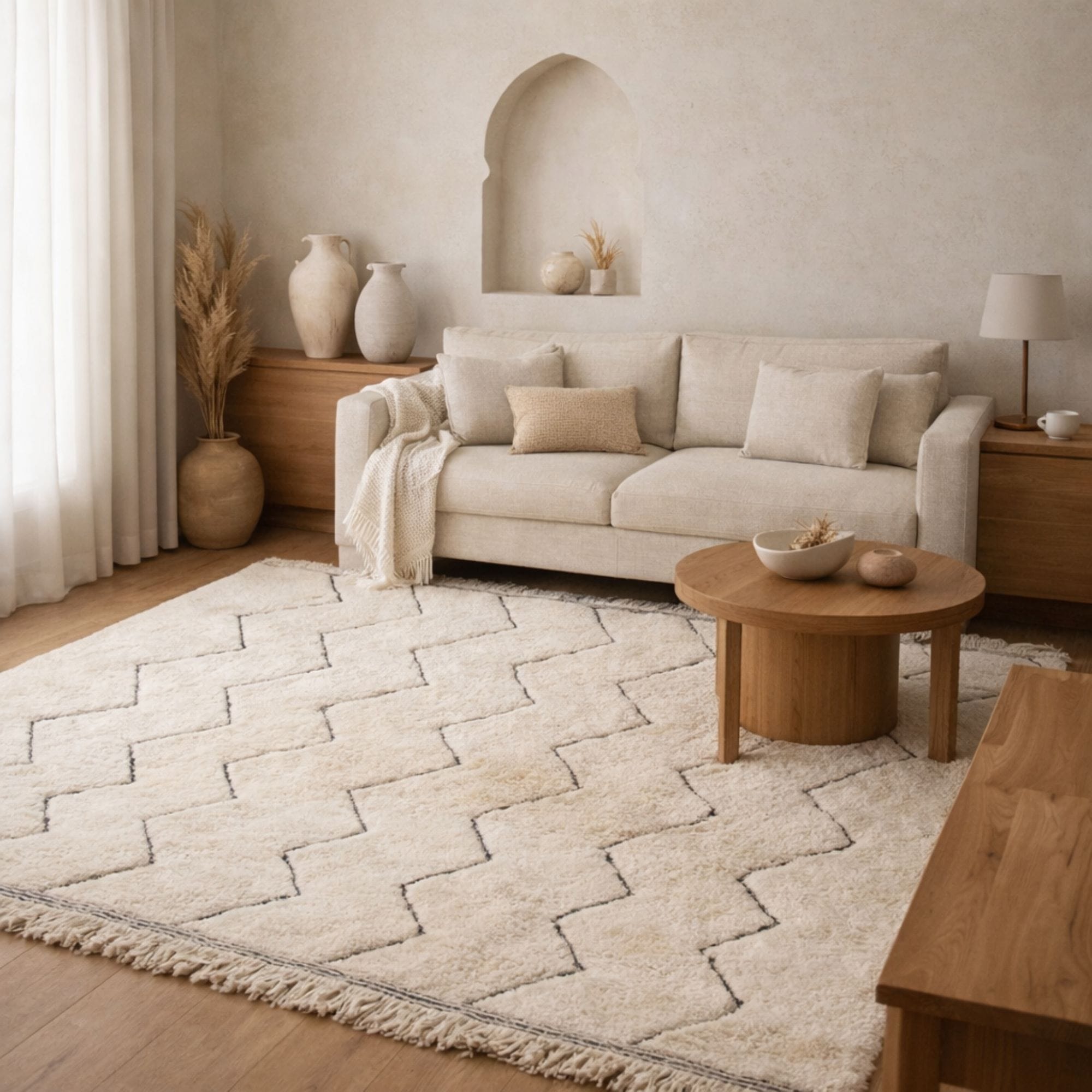 Moroccan Zigzag Wool Rug - Plush Ivory Texture - Beni Ourain Moroccan rug in Ivory color, 244 x 305 cm